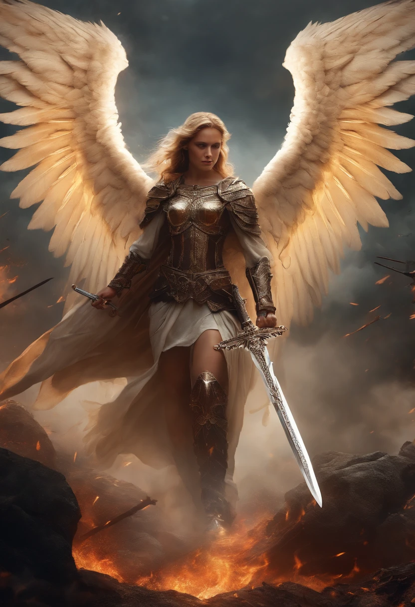 Realistic, 4K, Angels with big wings, one sword, Head hood in war background image (chaos)