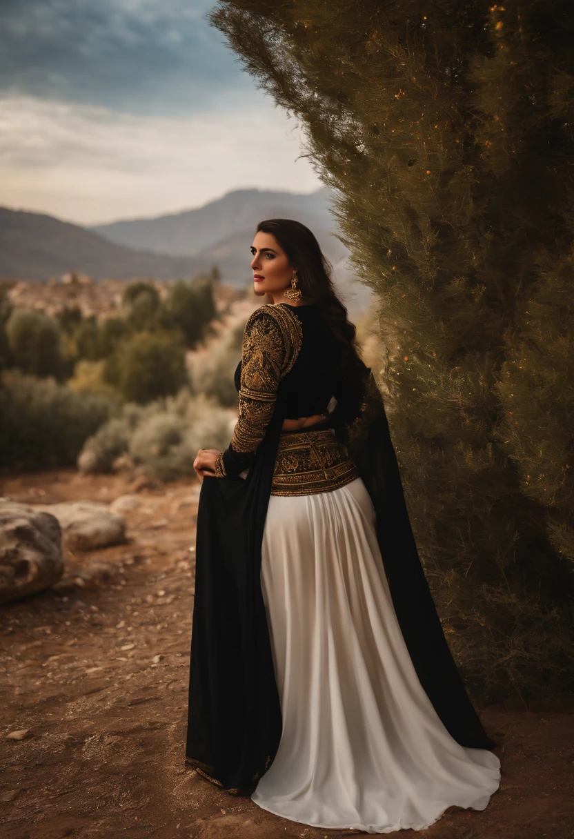 Big round ass Traditional Turkish woman showing off her admirable ass，Wear long breasts at the same time，black toga，Small gold details
