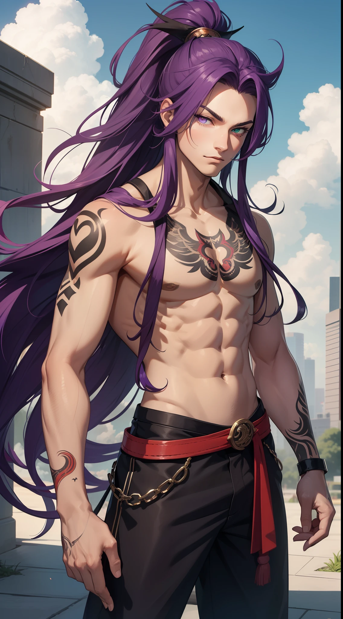 Grown-up guy, long purple hair, Part of the hair is gathered in a high ponytail, Heterochromia, The left eye is purple, Red right eye, The Monkey King's Armor, open torso, lots of tattoos, clouds beneath your feet, Masterpiece, hiquality, 4k, HD, Good detail