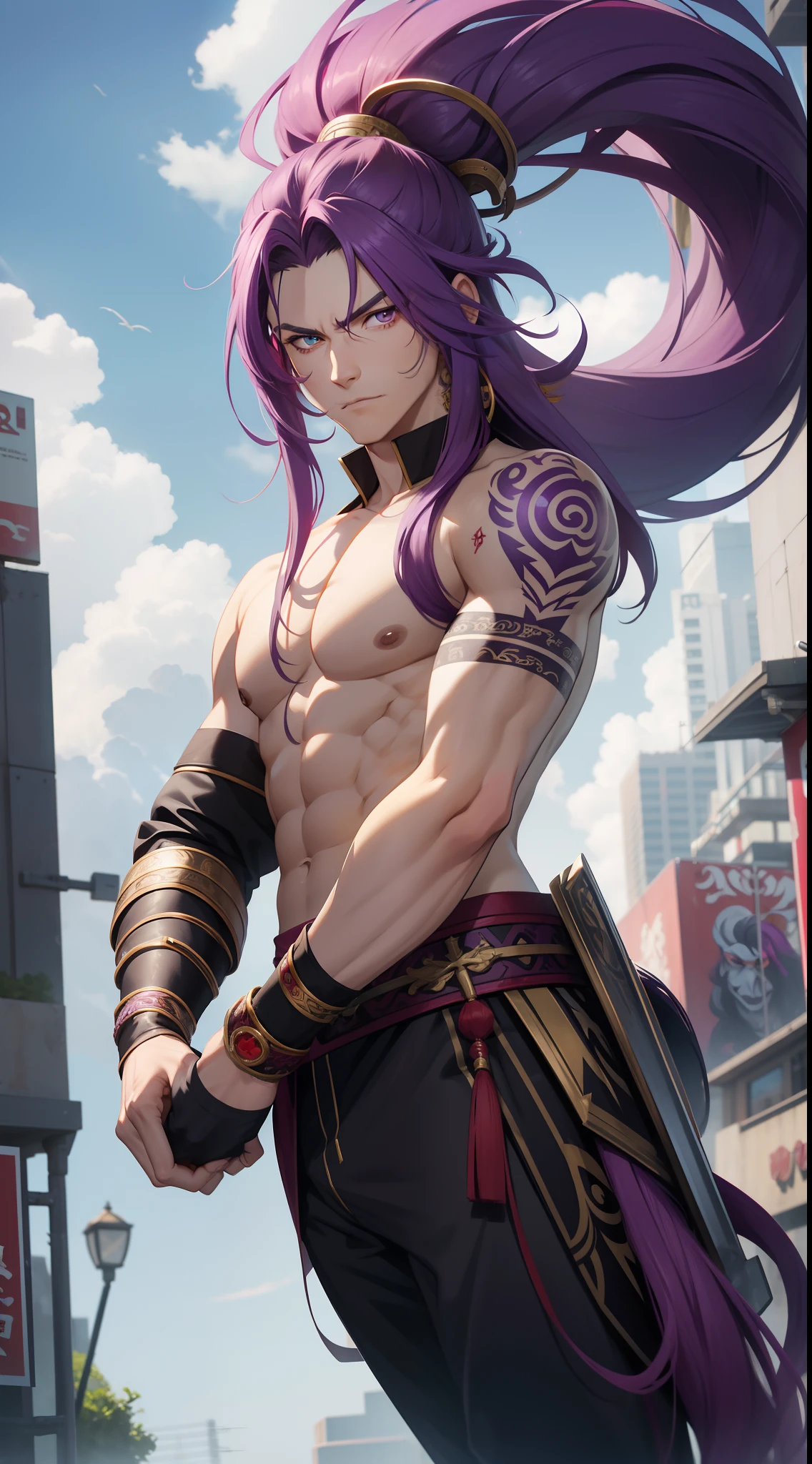 Grown-up guy, long purple hair, Part of the hair is gathered in a high ponytail, Heterochromia, The left eye is purple, Red right eye, The Monkey King's Armor, open torso, lots of tattoos, clouds beneath your feet, Masterpiece, hiquality, 4k, HD, Good detail