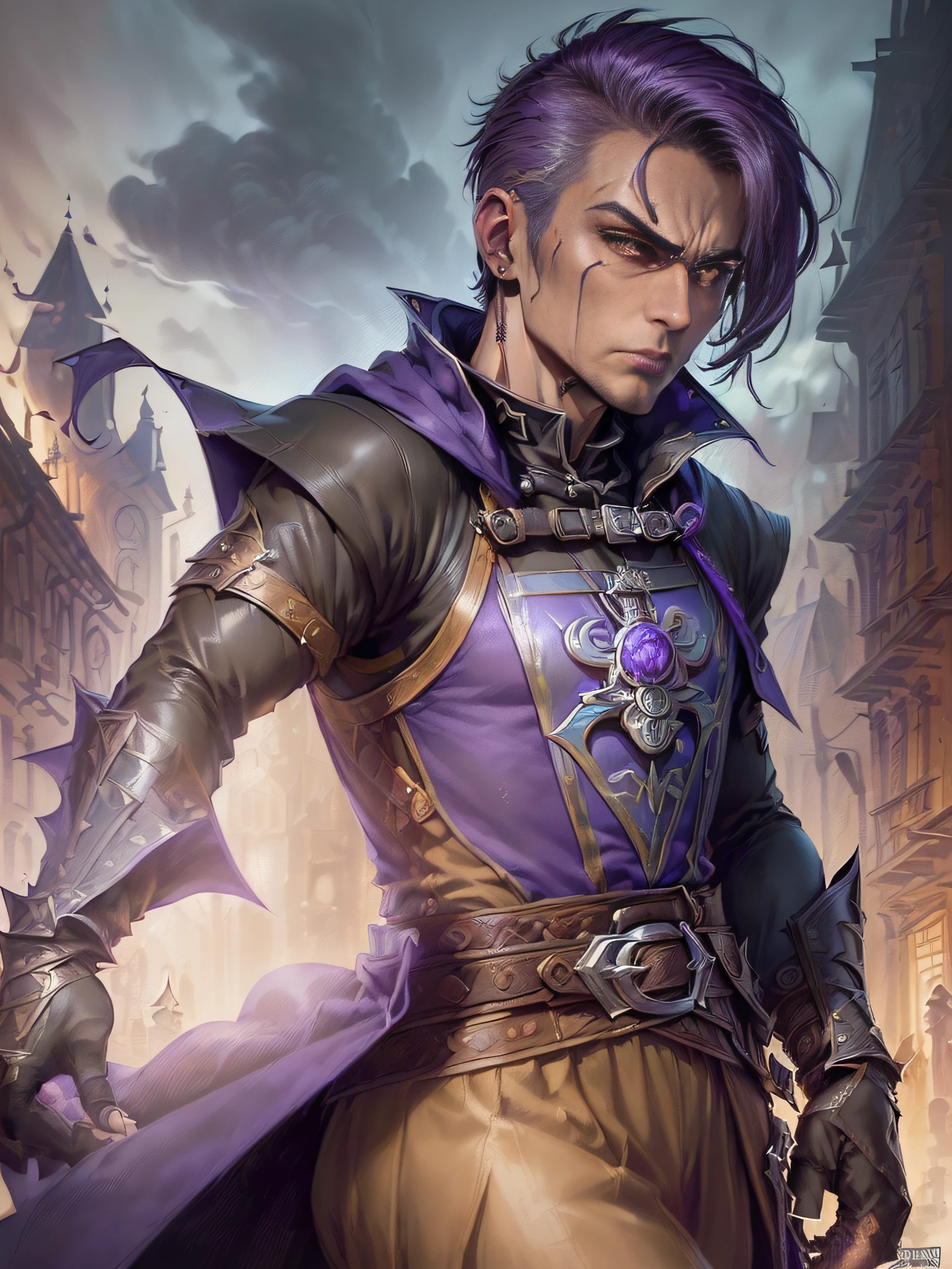 (superfine illustration, Best Quality, Ultra-detailed, Correct delineation, Perfect fingers, Perfect hands, fantasy illust:1.5), (town as background,:1.5), (male mysterious assassin, frown, wearing assassin costume:1.5), (solo, male face, male body, male eyebrow, sharp eyes opened, sharp nose:1.35), profile, (purple hair, extremely short hair, annoyed,:1.2), anger vein,