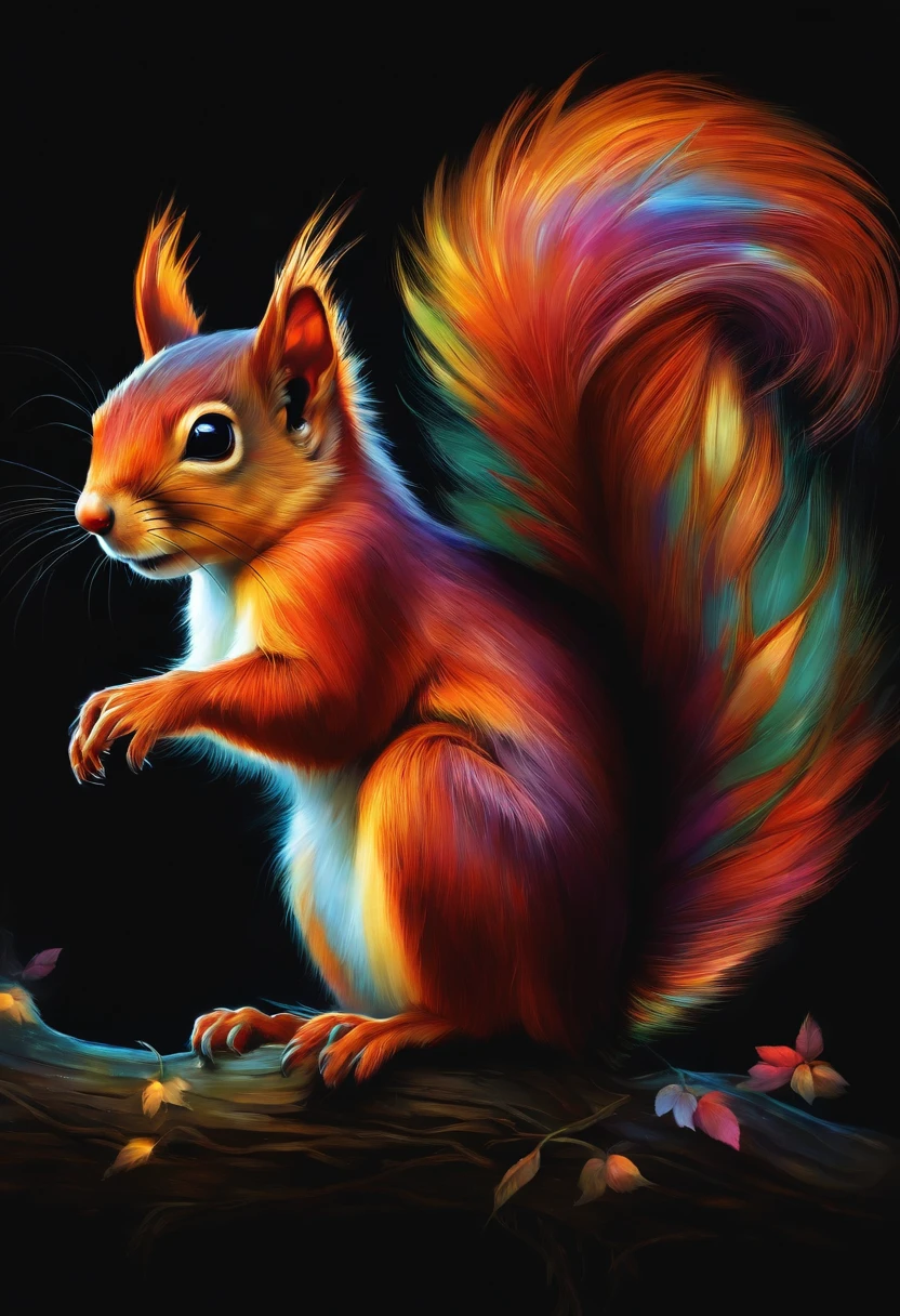 a painting of a colorful squirrel on a black background,, breathtaking rendering, within a radiant connection, inspired by Kinuko Y. Craft,, magical elements, kitten icon, wow, is beautiful, casting a multi colorful spell, bright flash, flash