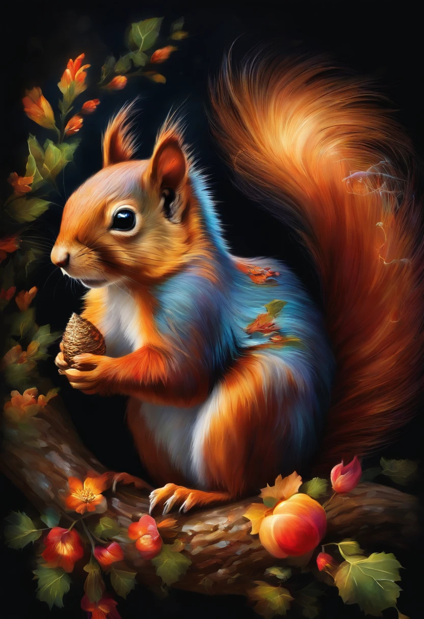 a painting of a colorful squirrel on a black background,, breathtaking rendering, within a radiant connection, inspired by Kinuko Y. Craft,, magical elements, kitten icon, wow, is beautiful, casting a multi colorful spell, bright flash, flash