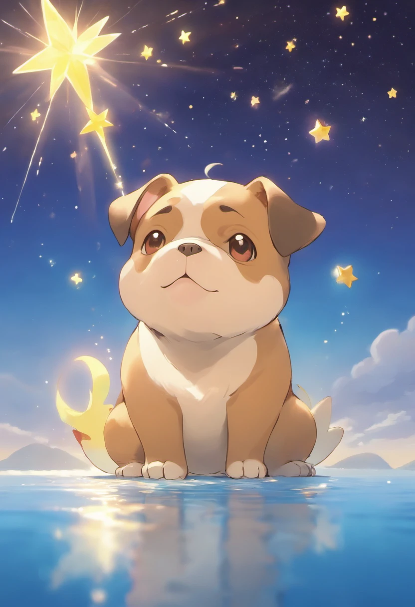 A touching scene in ultra-high definition 3D showcasing Bulldog making a wish beside a tranquil lake. Bulldog, beautifully rendered in detail, is seen gently blowing stars into the air, each one carrying a hopeful wish. The stars catch the reflection of the setting sun, creating a dreamy, magical effect. The overall atmosphere is tender, filled with hope and serenity
