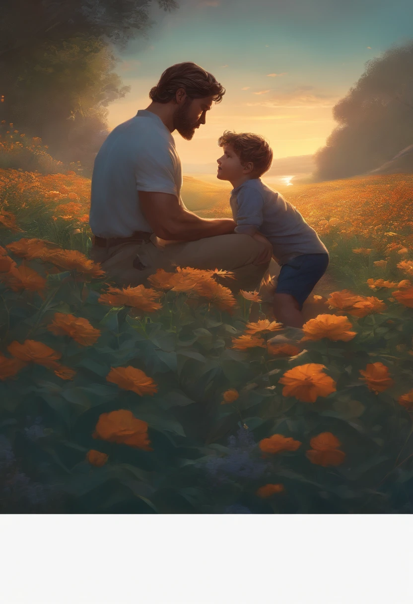 FATHER AND 5 YEAR OLD SON PLAYING, NIGHTTIME, FLOWERS, NATURE, MOONLIGHT, 8K, resolution concept art portrait by Greg Rutkowski, Artgerm, WLOP, Alphonse Mucha dynamic lighting hyperdetailed intricately detailed Splash art trending on Artstation triadic colors Unreal Engine 5 volumetric lighting", K, CAUCASIAN