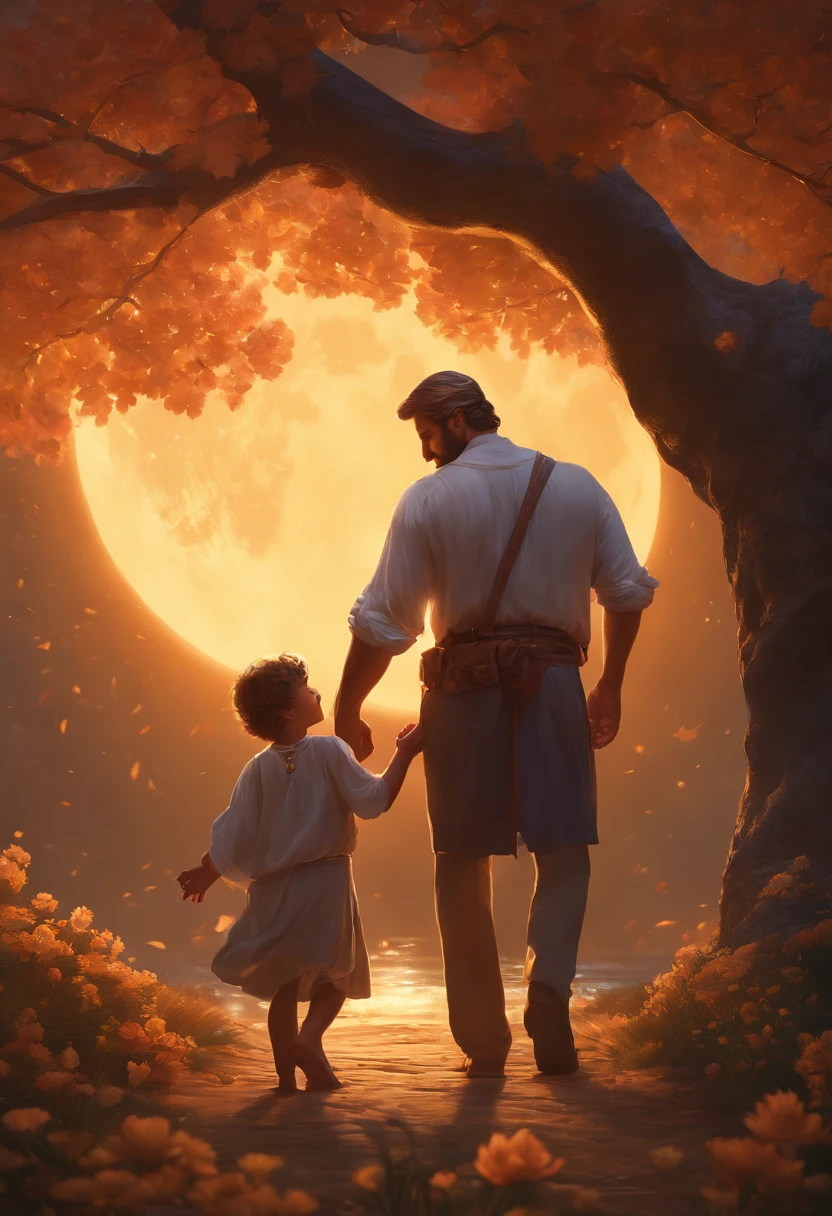FATHER AND 5 YEAR OLD SON PLAYING, NIGHTTIME, FLOWERS, NATURE, MOONLIGHT, 8K, resolution concept art portrait by Greg Rutkowski, Artgerm, WLOP, Alphonse Mucha dynamic lighting hyperdetailed intricately detailed Splash art trending on Artstation triadic colors Unreal Engine 5 volumetric lighting", K, CAUCASIAN