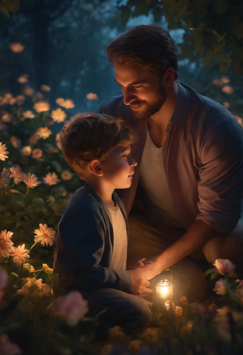 FATHER AND 5 YEAR OLD SON PLAYING, NIGHTTIME, FLOWERS, NATURE, MOONLIGHT, 8K, resolution concept art portrait by Greg Rutkowski, Artgerm, WLOP, Alphonse Mucha dynamic lighting hyperdetailed intricately detailed Splash art trending on Artstation triadic colors Unreal Engine 5 volumetric lighting", K, CAUCASIAN