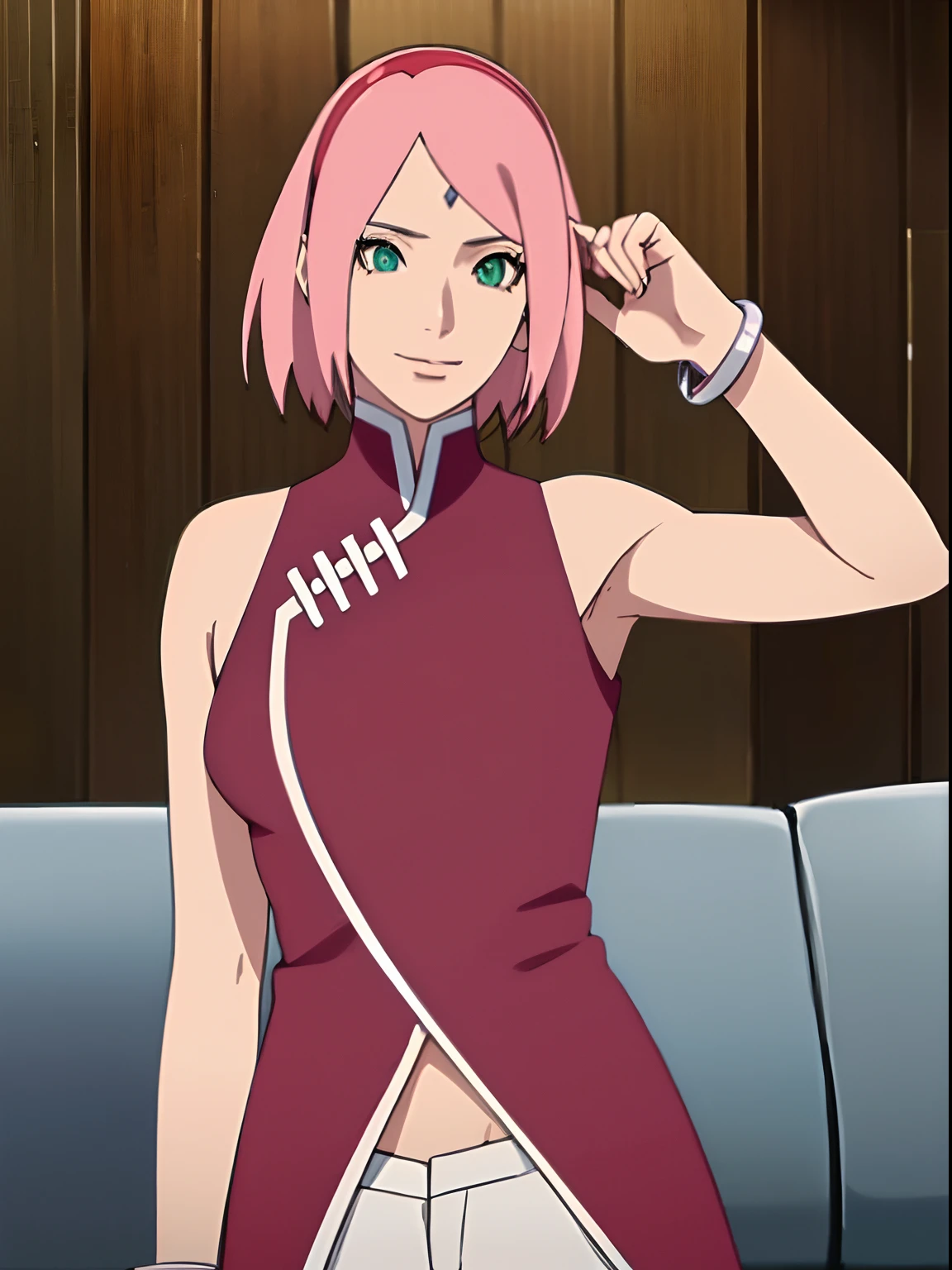 masterpiece, 4k, portrait, cowboy shot, (night), professional artwork, intricate details, colorful, digital blending, (ultra detailed body, ultra detail hair, ultra detail face), trending on pixiv, kind smile, best quality, anime style: 1.9, 1girl, hires, haruno sakura, (forehead mark, milf, red hairband, pale skin, (small breasts), short hair, ((red sleeveless dress,), white pants), (navel, belly button, slender body, slender belly, bracelet, pink hair, open mouth, big eyes), smile, beach, wind, floating hair, detailed arms, off-shoulders, broad shoulders, (both armpits , both hands up high), fancy couch, relaxing, laying, talking, looking at the viewer, showing armpit)