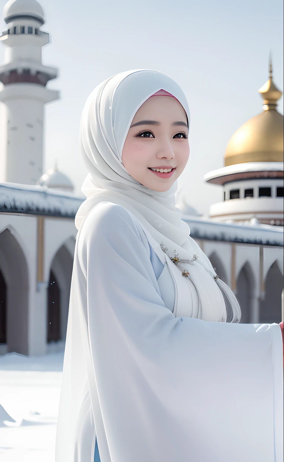 Best quality, 4K picture quality, 1 malay girl in hijab, white Hanfu, snow, long hijab fluttering in the wind, healing smile, large aperture, blurred background, mosque in background, ultra detail face, (mira filzah:1.2)