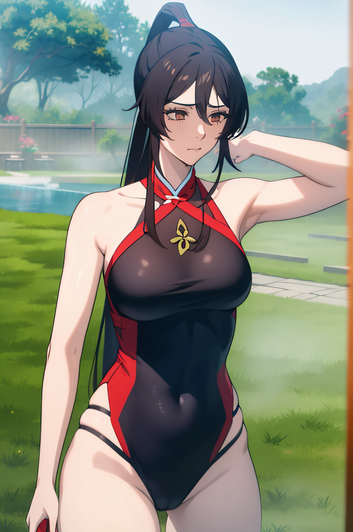 masterpiece, detailed face,1girl, hu tao(genshin impact), next to swimming pool, swimming pool, Transparent swimwear, wet dress, wet hair, wet body, embarrassed, ((skinny)), hu tao(genshin impact), headrope, armpit crease, armpit cutout,