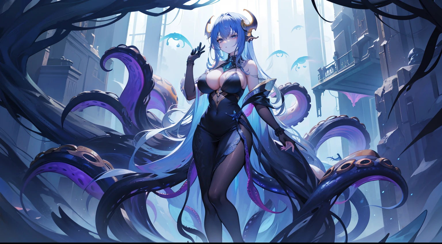 In the magnificent city of Lalaye，A Cthulhu girl emerging from the abyss，big breasts exposed cleavage，Dignified Expression，Translucent skin，Hair like octopus tentacles，shadowy，blue fireflies，cold light，Full body detail 4K，Dreamlike，and its detailed full-body detail 4K