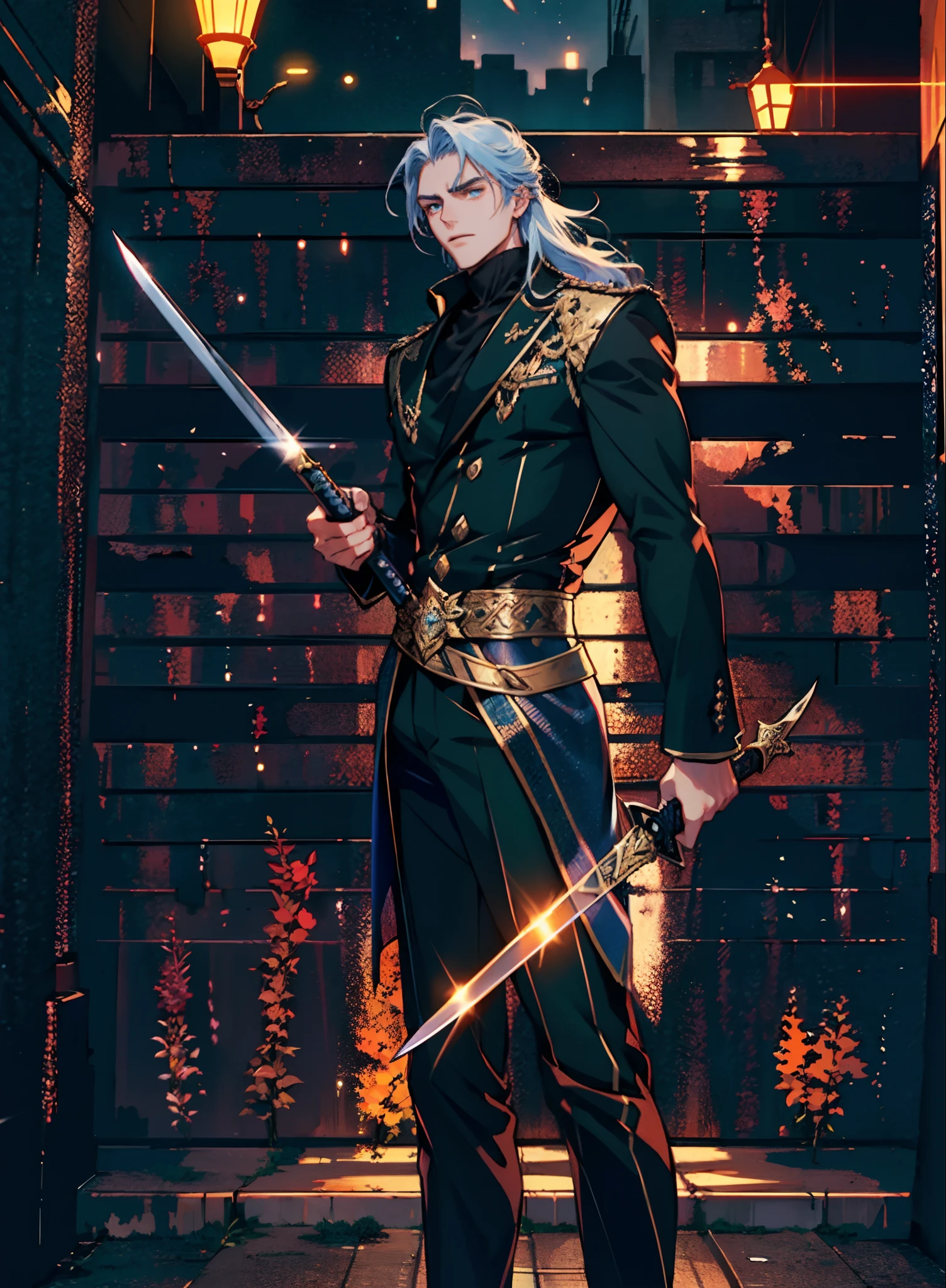 A young man with deep blue long hair, cold and resolute eyes, a slender face, handsome features, stands tall in front of a decrepit ancient city under the night sky, exudes a dignified demeanor, he wears a two-piece Western-Eastern hybrid black suit coat, matching black trousers, in each hand he holds a curved longsword emitting a faint, hazy blue glow that illuminates the surroundings, this character embodies a finely crafted fantasy-style swordsman design in anime style, characterized by a sophisticated and mature manga illustration art style, high definition, best quality, highres, ultra-detailed, ultra-fine painting, extremely delicate, professional, anatomically correct, symmetrical face, extremely detailed eyes and face, high quality eyes, creativity, RAW photo, UHD, 8k, Natural light, cinematic lighting, masterpiece:1.5