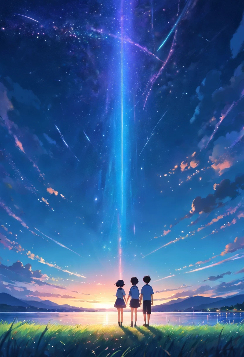 masterpiece, best quality, girl and boy, dawn with dark sky full starry night, beside of lake with full grass, shooting stars colorized with rainbow, make a wish (sparks:0.7)
