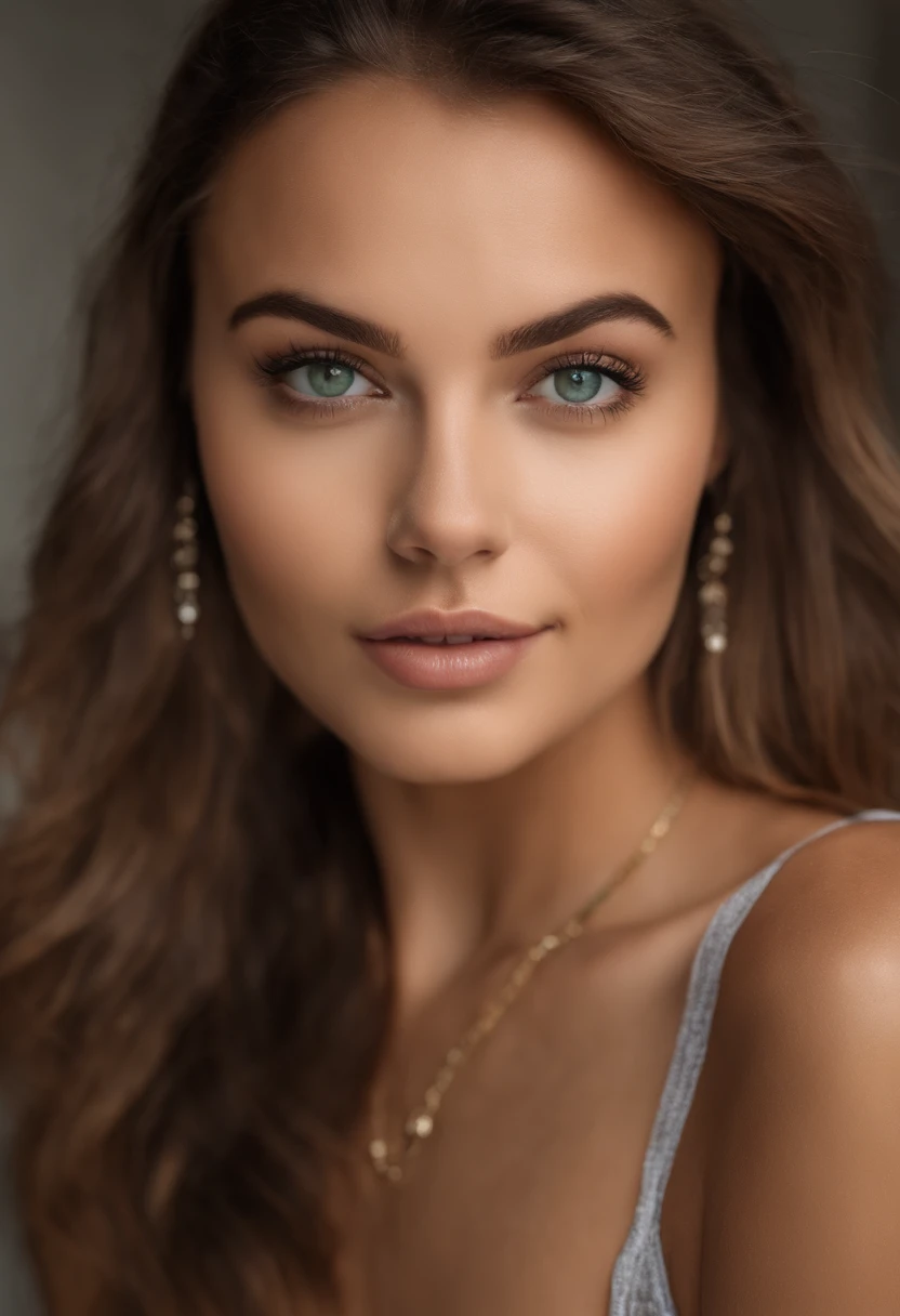 Arafed woman with a white tank top and necklace, fille sexy aux yeux verts, Portrait Sophie Mudd, cheveux bruns et grands yeux, selfie of a young woman, Yeux de chambre, Violet Myers, sans maquillage, maquillage naturel, looking straight at camera, Visage avec Artgram, Maquillage subtil, stunning closeupheadshot, piercing green eyes in the bathroom