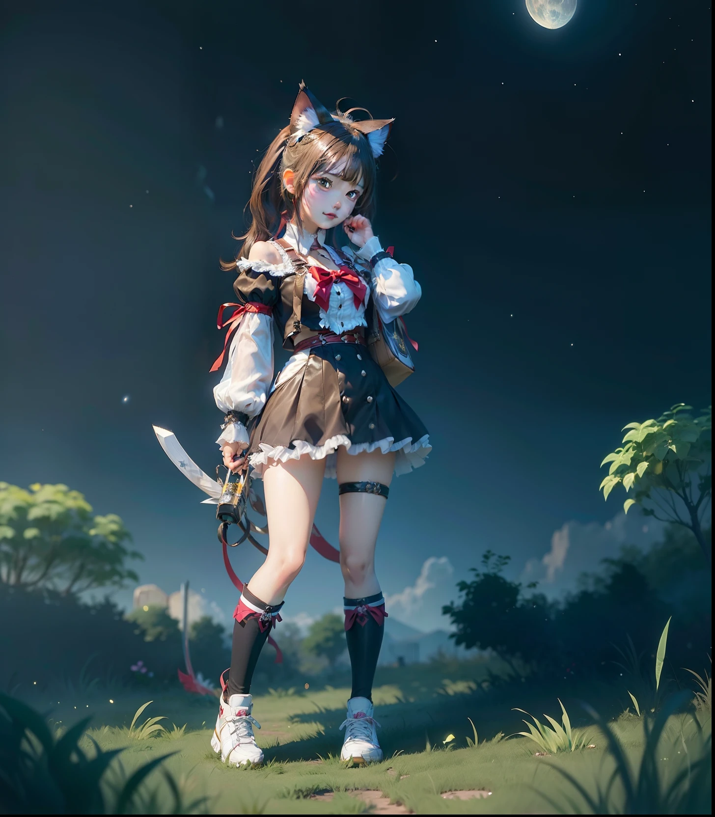 a close up of a girl in a short dress on a field, lunar themed attire, katana zero video game character, cat girl, attractive cat girl, seraphine ahri kda, tane skin, beautiful young catgirl, catgirl, official character art, anime catgirl, female furry mini cute style, ingame image, stylized anime, game character