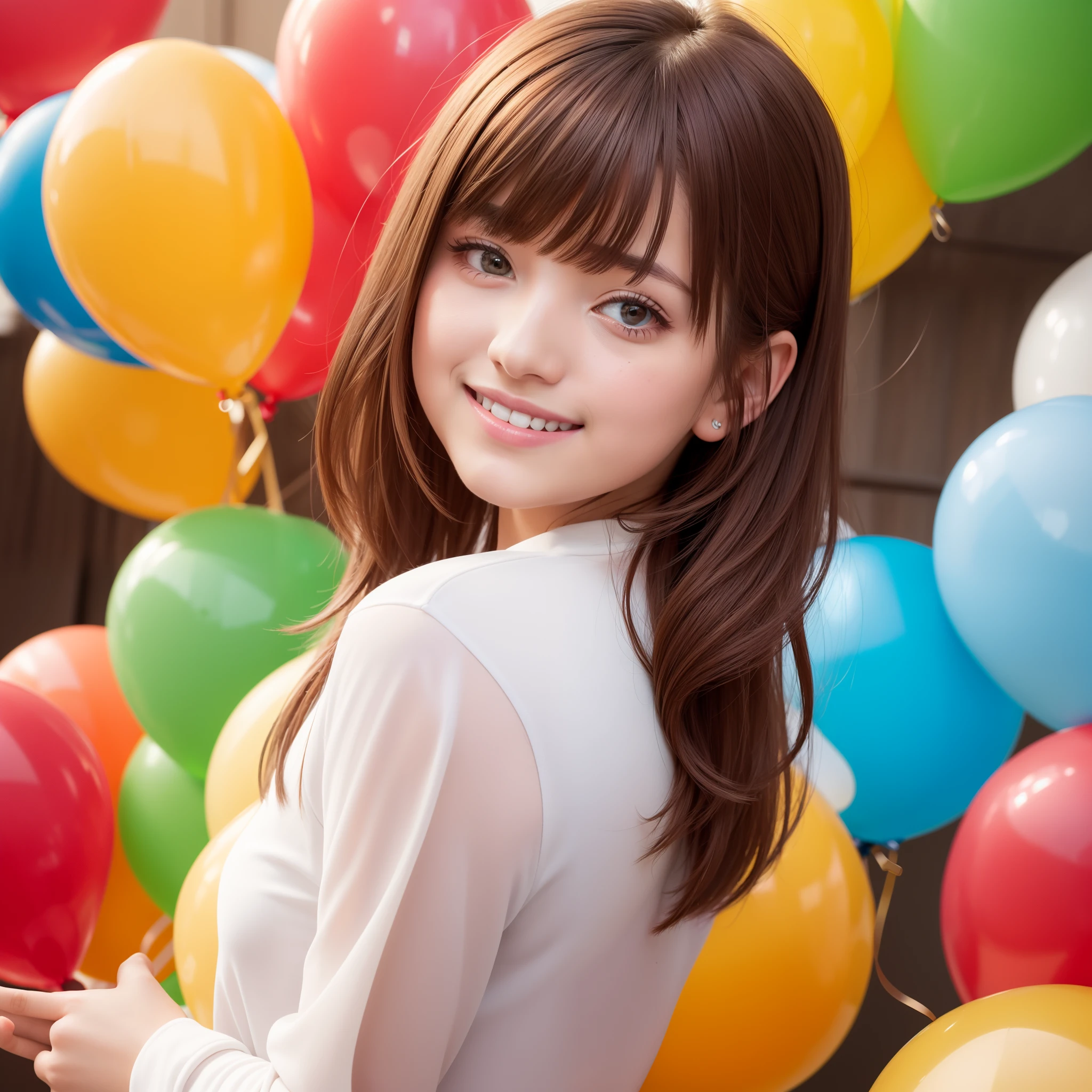masterpiece, super detail, high quality, award winning, 8k, balloons, various colors, girl, solo, brown hair, medium hair, bangs, smile, closed mouth, bright colored casual fashion