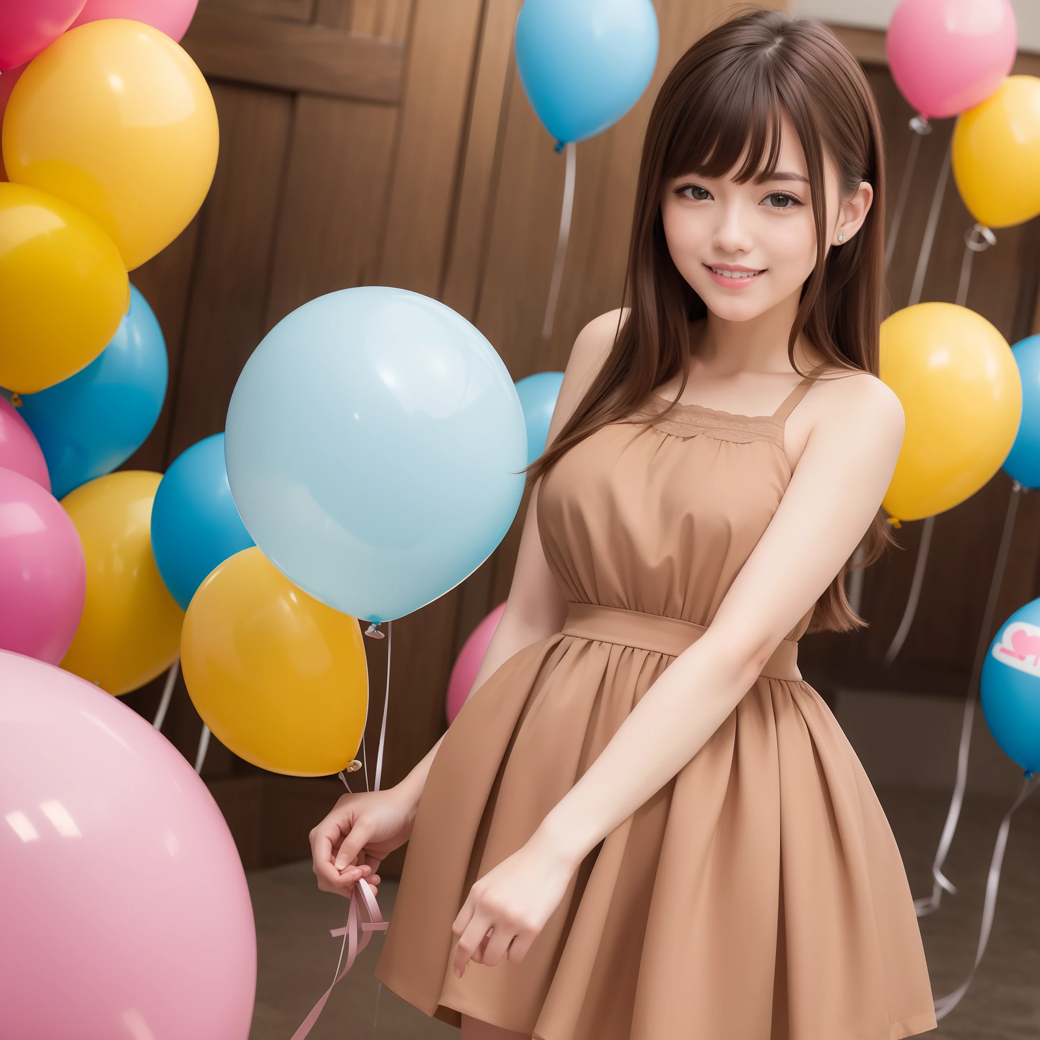 masterpiece, super detail, high quality, award winning, 8k, balloons, various colors, girl, solo, brown hair, medium hair, bangs, smile, closed mouth, bright colored casual fashion