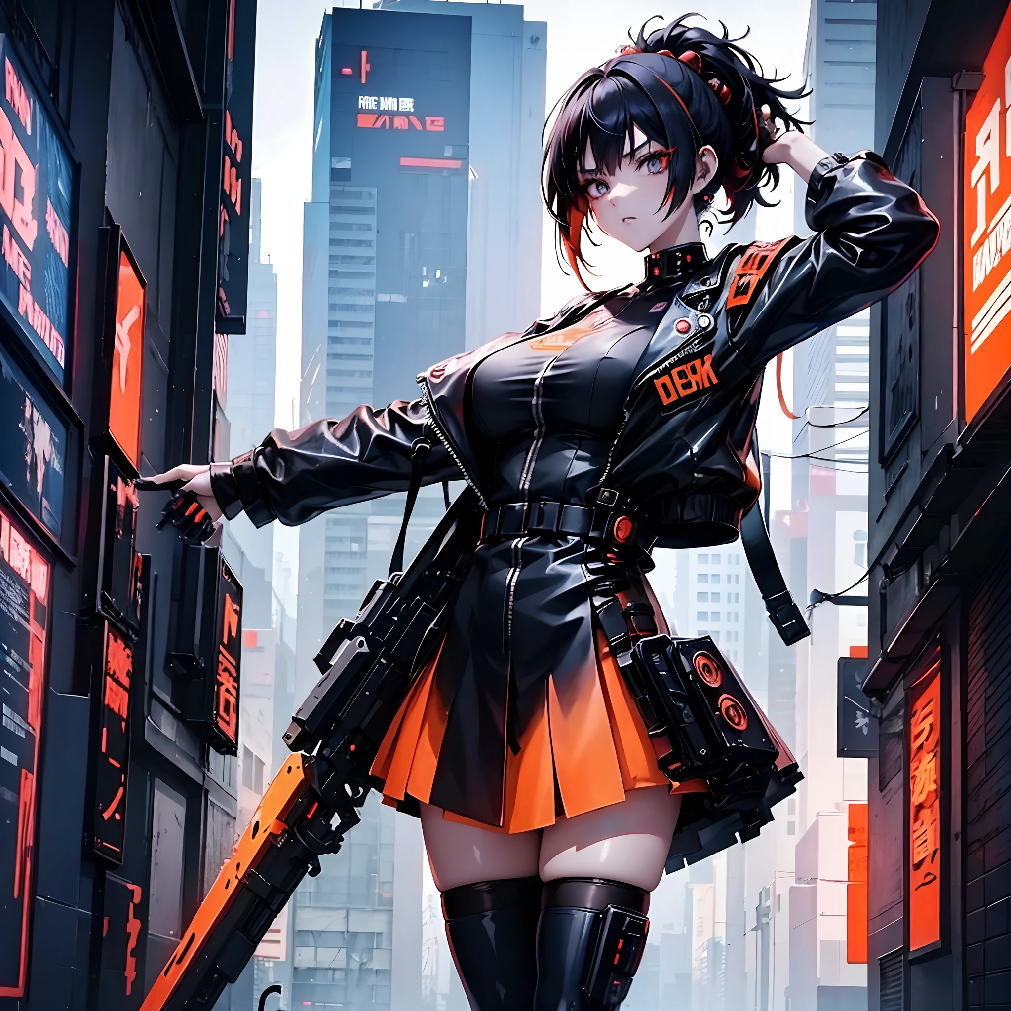 anime girl with black hair wearing black and orange military outfit, badass anime 8 k, female cyberpunk anime girl, digital cyberpunk anime art, cyberpunk anime girl, anime cyberpunk art, cyberpunk anime girl mech, redhead female cyberpunk, modern cyberpunk anime, cyberpunk anime art, digital cyberpunk - anime art, anime cyberpunk, cyberpunk angry gorgeous goddess