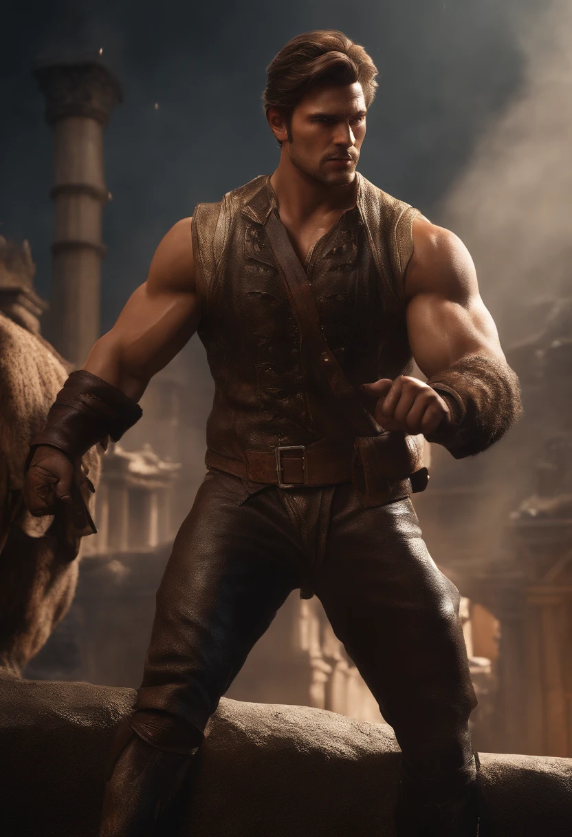(Professional 3D rendering: 1.3) af (Realistic: 1.3) The most beautiful art photo in the world ， Features male hero, ((Epic hero fantasy muscle man rough wet hero angry look short hair and fierce expression in dynamic pose , Fantastic location, majestic and cluttered environment)), 8k full body unit rendering, action shot, skin pores, very dark lighting, heavy shading, detailed, detailed face, (vibrant, realistic photography, realistic, dramatic, dark, sharp focus, 8K) , (Old leather clothing damaged by weathering: 1.4), ((((Use fur)))), (Intricate: 1.4), decayed, (Highly detailed: 1.4), Digital painting, octane rendering, art stations, concept-art, soft, sharp focus, illustration, art germ, (loish: 0.23), wlop ilya kuvshinov and greg rutkowski and alphonse mucha gracias, (global illumination, studio light, volumetric light), heavy rain, floating particles, lotr, fantasy, elf, full body, ((dark and ancient city background: 1.3)), CGSsociety, art stations, Minhaface