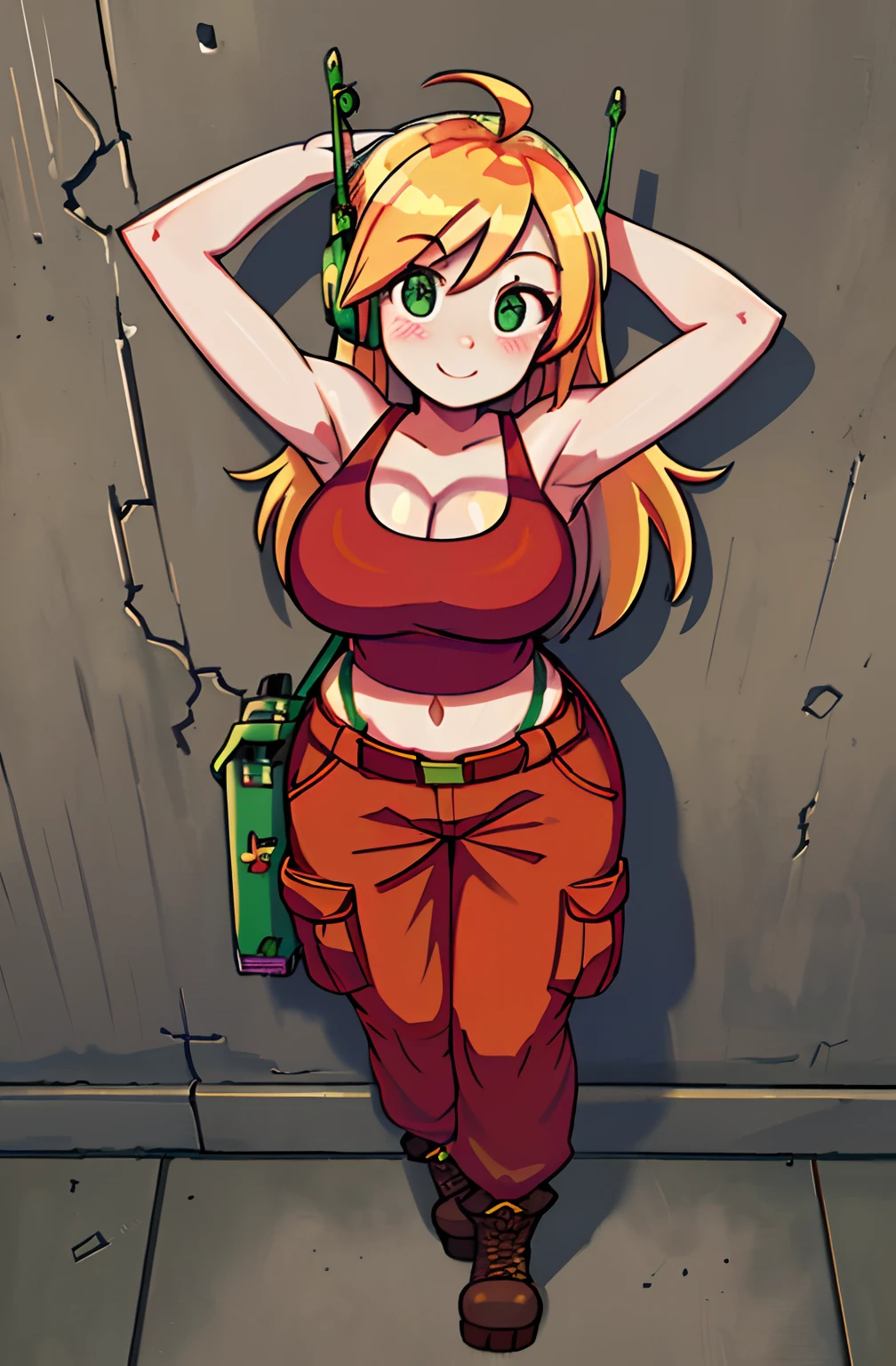 [curly brace], [uploaded to e621.net: (wamudraws), (napalm_express)], ((masterpiece)), ((full body)), ((bird's-eye view)), ((solo portrait)), ((cute)), ((High definition)), ((anime)), ((detailed shading)), ((beautiful render art)), {android; (white robotic skin), (blushy cheeks), cute green eyes, long blonde hair, short eyelashes, (cute smile), (white teeth), (curvaceous hips)}, {(red tank top), (midriff), (cleavage), (red baggy cargo pants), (brown combat boots), (green antenna on ears)}, {(leaning on wall), (looking at viewer), (arms above head)}, [Background; (mountains), (cloudy), (sunset), (orange sky), (sun rays)]
