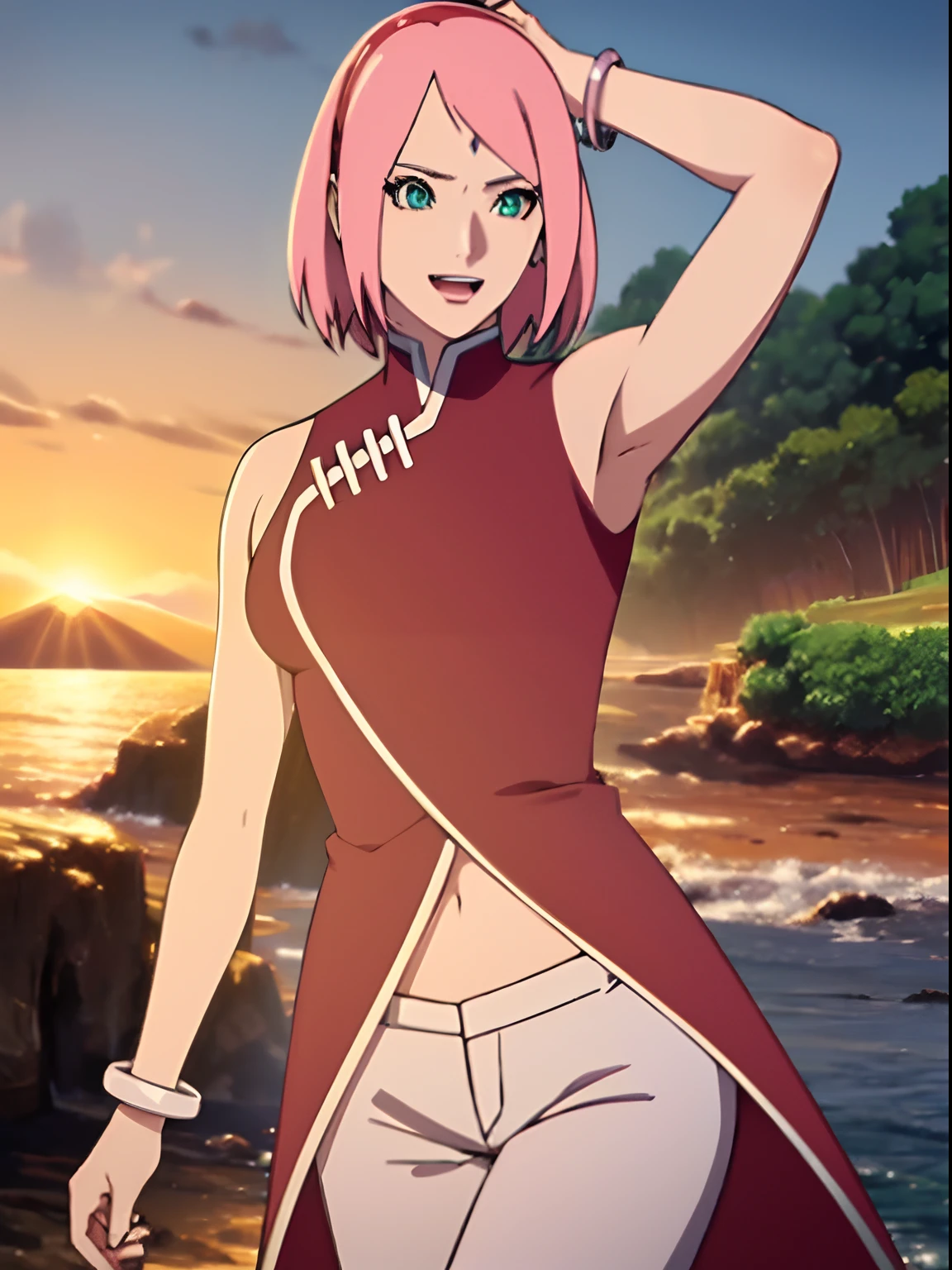 masterpiece, 4k, portrait, cowboy shot, (night), professional artwork, intricate details, colorful, digital blending, (ultra detailed body, ultra detail hair, ultra detail face), trending on pixiv, kind smile, best quality, anime style: 1.9, 1girl, hires, haruno sakura, (forehead mark, milf, red hairband, pale skin, (small breasts), short hair, ((red sleeveless dress,), white pants), (navel, belly button, slender body, slender belly, bracelet, pink hair, open mouth, big eyes), smile, beach, wind, floating hair, detailed arms, off-shoulders, broad shoulders, (both armpits , both hands up high), fancy couch, relaxing, laying, talking, looking at the viewer, showing armpit)