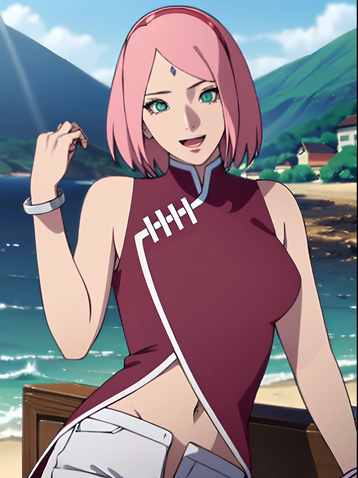 masterpiece, 4k, portrait, cowboy shot, (night), professional artwork, intricate details, colorful, digital blending, (ultra detailed body, ultra detail hair, ultra detail face), trending on pixiv, kind smile, best quality, anime style: 1.9, 1girl, hires, haruno sakura, (forehead mark, milf, red hairband, pale skin, (small breasts), short hair, ((red sleeveless dress,), white pants), (navel, belly button, slender body, slender belly, bracelet, pink hair, open mouth, big eyes), smile, beach, wind, floating hair, detailed arms, off-shoulders, broad shoulders, (both armpits , both hands up high), fancy couch, relaxing, laying, talking, looking at the viewer, showing armpit)