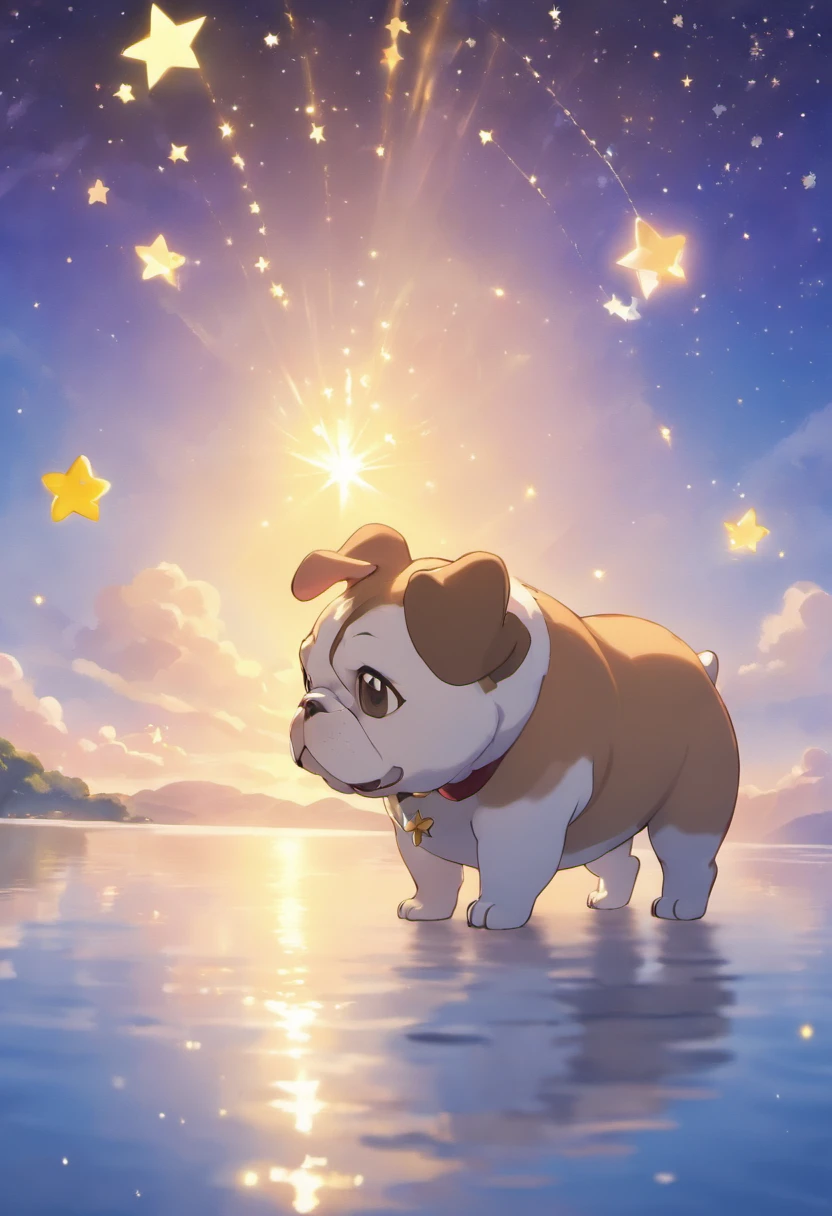 A touching scene in ultra-high definition 3D showcasing Bulldog making a wish beside a tranquil lake. Bulldog, beautifully rendered in detail, is seen gently blowing stars into the air, each one carrying a hopeful wish. The stars catch the reflection of the setting sun, creating a dreamy, magical effect. The overall atmosphere is tender, filled with hope and serenity