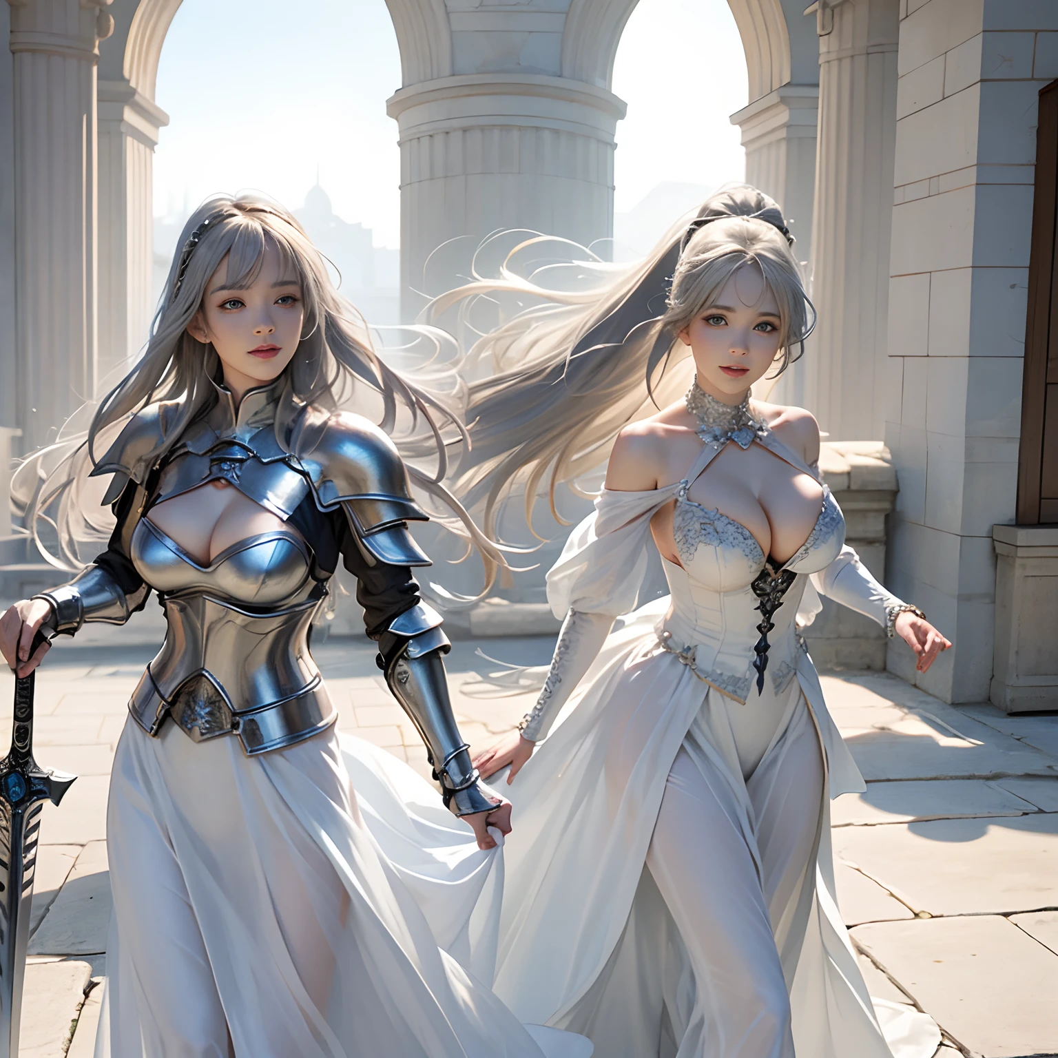 Women in Their 20s、fantasy worlds、offcial art, unity 8k wall paper, ultra-detailliert, beautifly、Aesthetic, masterpiece, top-quality, Photorealsitic、A hyper-realistic、Beautuful Women、detailed costume、depth of fields, Fantastic atmosphere, Calm palette, tranquil mood, Soft shading、bbw、plump figure、Soft skin、very large breast、Happy smile、Woman knight:1.5、Dull silver armor:2.0、dull silver breastplate:1.6、Woman in medieval knightly attire:1.8、White cloth、White flared skirt、Brandt Silver Gauntlet:1.5、dull silver shoes、blue eyess、a blond、Silver Hair Fastening、Has a very large sword and shield:2.0、White horse、femele、cleavage of the breast