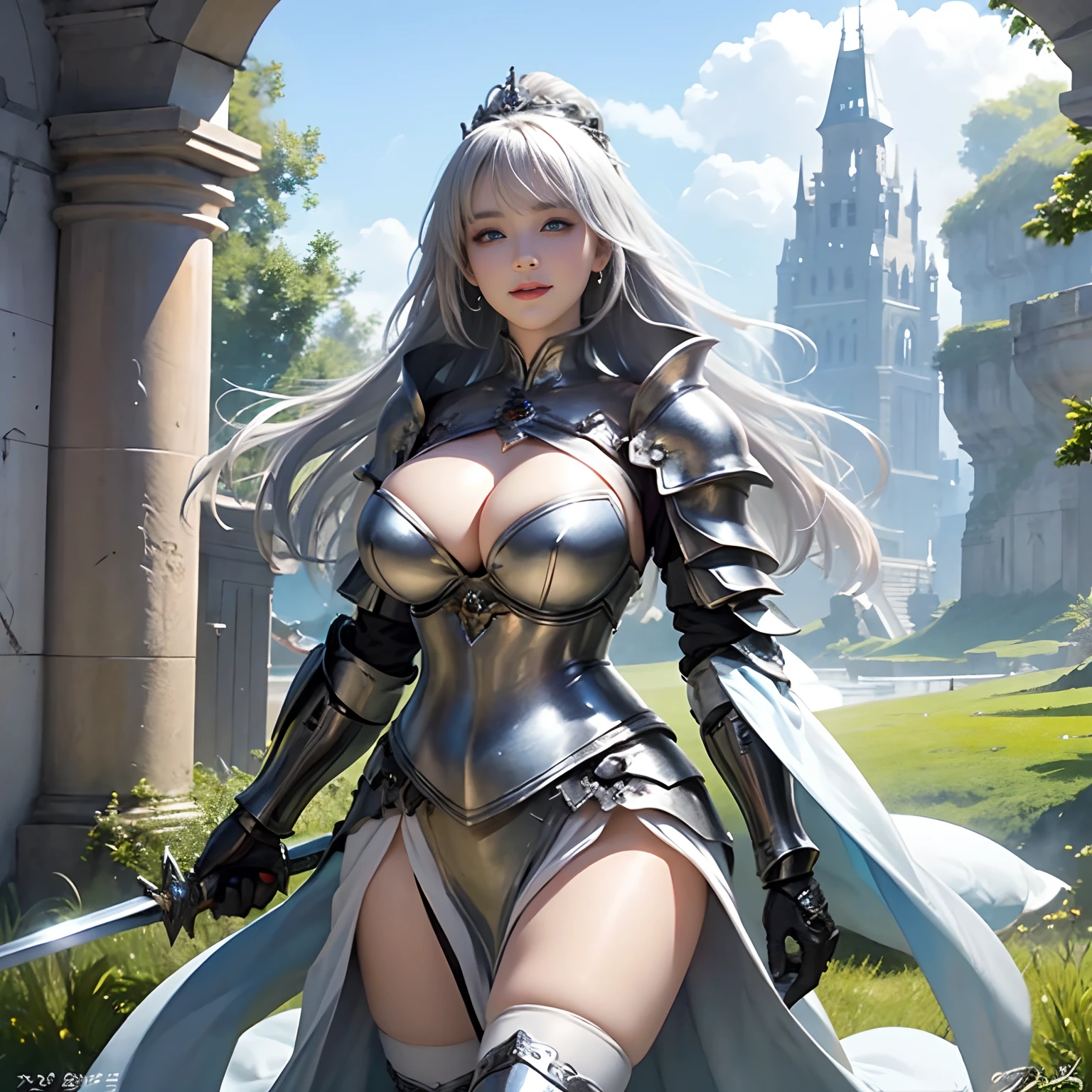 Women in Their 20s、fantasy worlds、offcial art, unity 8k wall paper, ultra-detailliert, beautifly、Aesthetic, masterpiece, top-quality, Photorealsitic、A hyper-realistic、Beautuful Women、detailed costume、depth of fields, Fantastic atmosphere, Calm palette, tranquil mood, Soft shading、bbw、plump figure、Soft skin、very large breast、Happy smile、Woman knight:1.5、Dull silver armor:2.0、dull silver breastplate:1.6、Woman in medieval knightly attire:1.8、White cloth、White flared skirt、Brandt Silver Gauntlet:1.5、dull silver shoes、blue eyess、a blond、Silver Hair Fastening、Has a very large sword and shield:2.0、White horse、femele、cleavage of the breast
