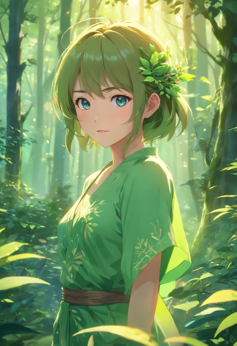 (best quality,4k,8k,highres,masterpiece:1.2),ultra-detailed,(realistic,photorealistic,photo-realistic:1.37),forest,captivating female Dryad creature,enchanted ethereal landscape,lush vegetation,majestic ancient trees,magical sunlight streaming through the branches,soft glowing moss covering the ground,faint transparent wings,delicate flowers blooming around her,fascinating eyes that emit a gentle glow,serene expression,graceful pose,artistic interpretation,subtle color palette,mystical atmosphere,playful and whimsical elements,mesmerizing presence,harmonious blending of the Dryad with her surroundings,immersive fantasy feeling,natural and realistic lighting