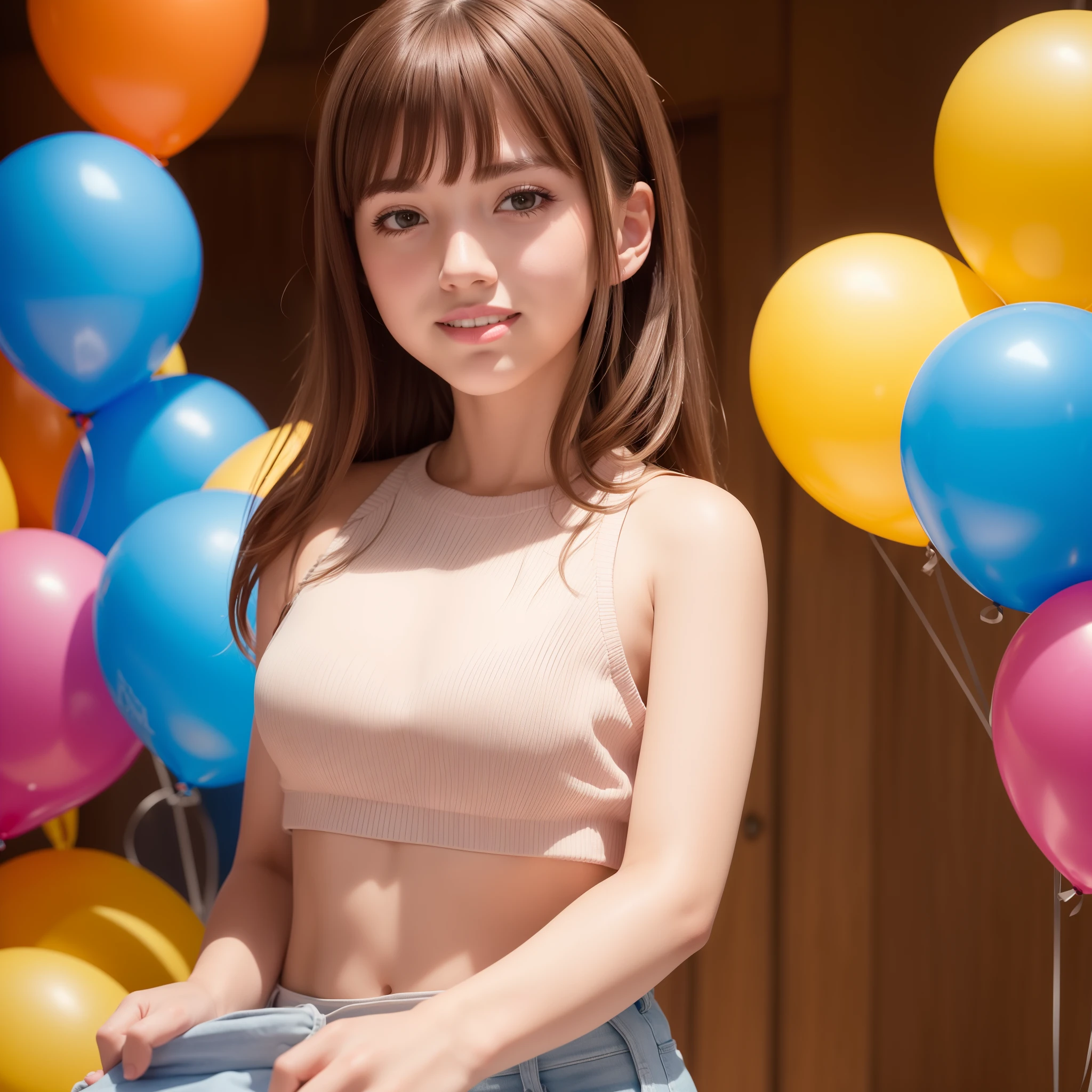 (nudity, explicit) NSFW、Whiteware、nude at Girls' high school  navy blue mini skirt、pose 、Squatting pussy shots、Do not hide the lower body、(8K、top-quality、​masterpiece:1.3)、Brown Medium Layer Cut Hair、The best smile、Professional Writing、Photography Studio、white backgrounid、(Balloons are flying:1.4)、