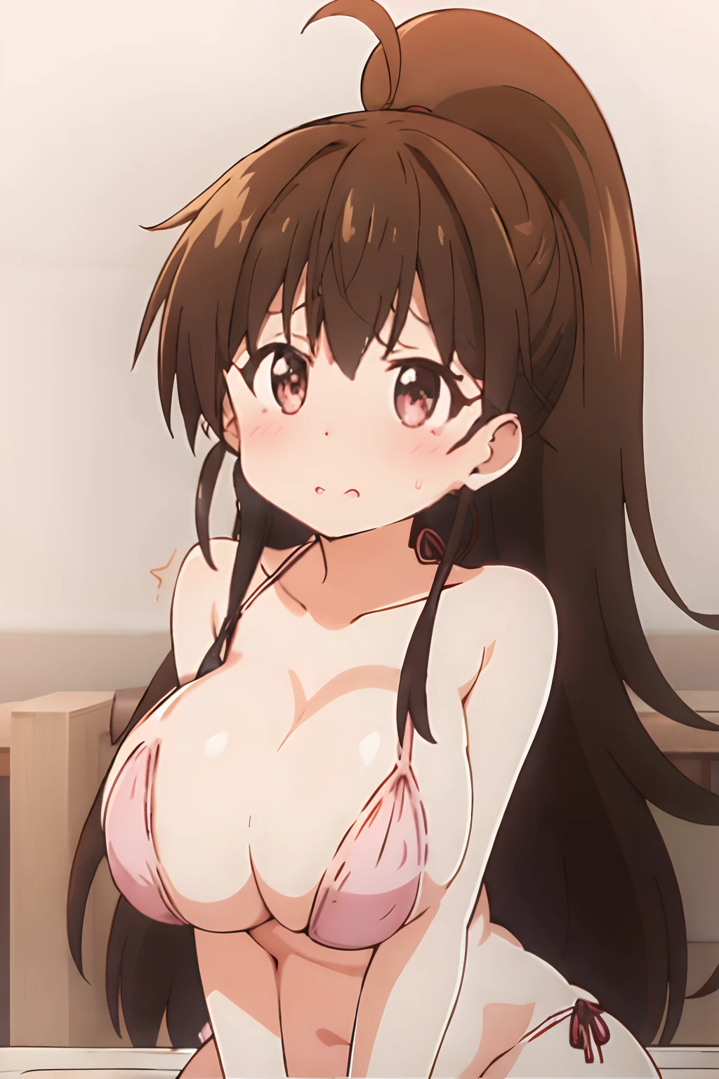 Poplar hairstyle、Poplar face、maikurobikini、fullnude、very very gigantic boobs、Brown hair、poneyTail、Beautiful areola、pinkcolor、embarrassed from、Crying face、Fine details、hiquality