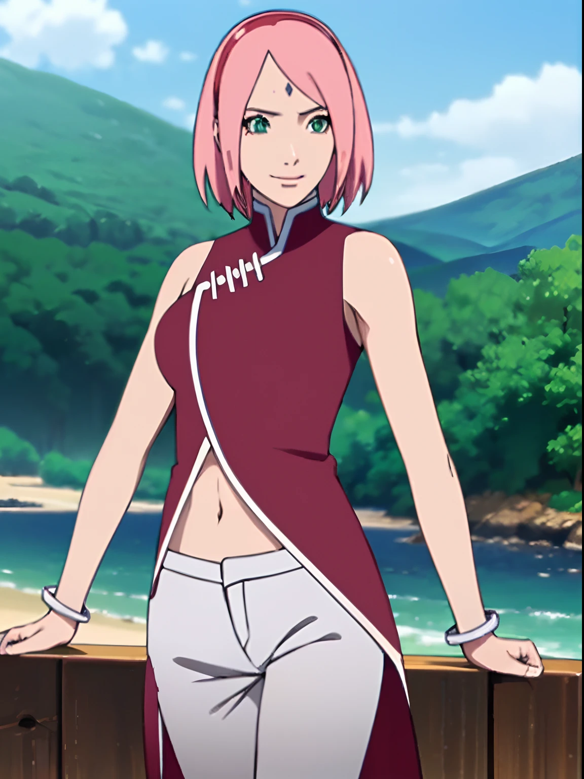 masterpiece, 4k, portrait, cowboy shot, (night), professional artwork, intricate details, colorful, digital blending, (ultra detailed body, ultra detail hair, ultra detail face), trending on pixiv, kind smile, best quality, anime style: 1.9, 1girl, hires, haruno sakura, (forehead mark, milf, red hairband, pale skin, (small breasts), short hair, ((red sleeveless dress,), white pants), (navel, belly button, slender body, slender belly, bracelet, pink hair, open mouth, big eyes), smile, beach, wind, floating hair, detailed arms, off-shoulders, broad shoulders, (both armpits , both hands up high), fancy couch, relaxing, laying, talking, looking at the viewer, showing armpit)