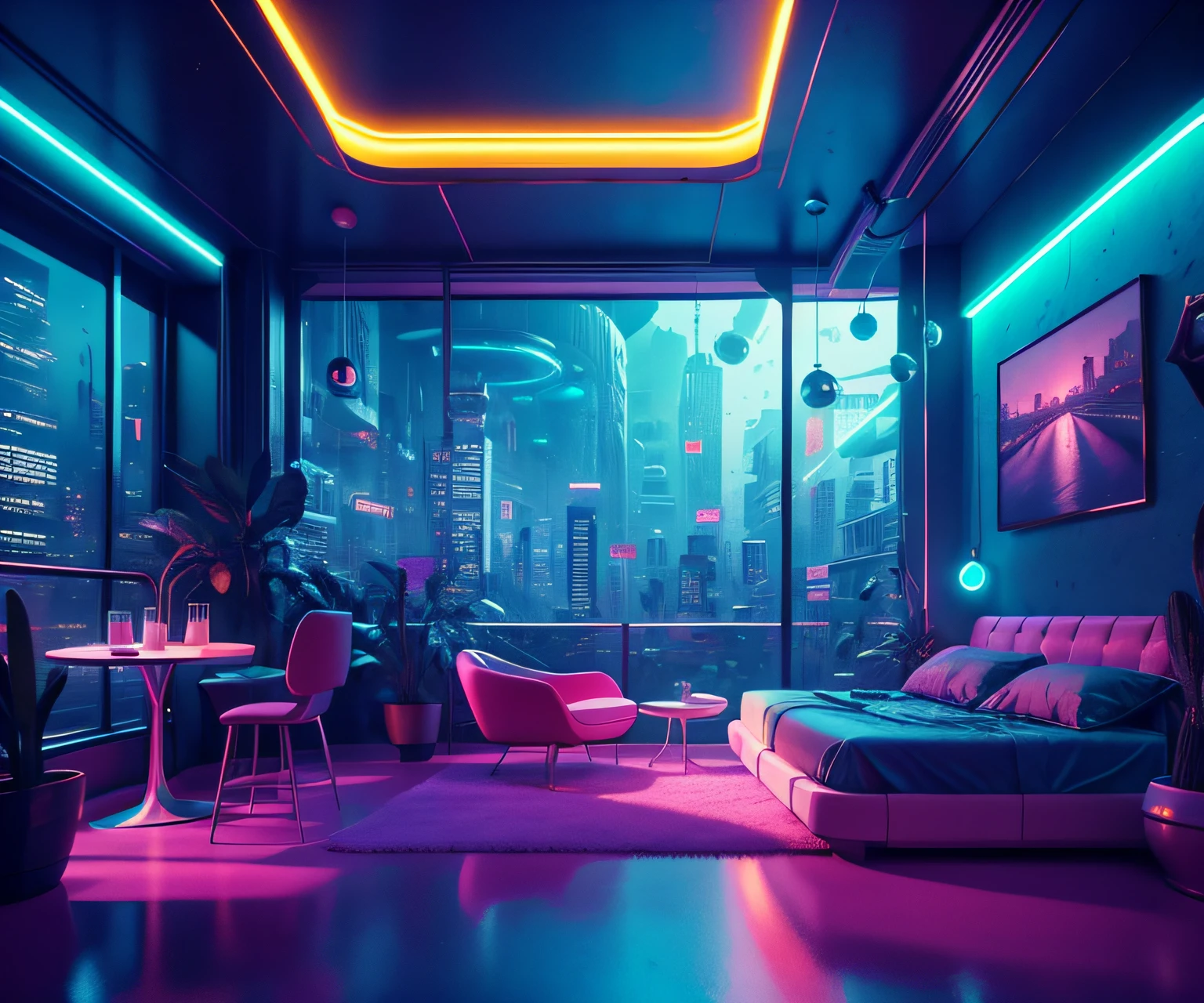 ((masterpiece)), (ultra-detailed), (intricate details), (8k high-resolution CGI art), Create an image of a small cyberpunk (coffee shop) retro-futuristic and realistic vaporwave overnight. One of the walls should feature a large window with a bustling, colorful and detailed cityscape (cyberpunk), synthwave, neon. The city should have a futuristic style with many colors, neon lights, signs and buildings of different sizes. The cityscape should be extremely detailed with depth of field. The city should have a lot of visual interest with lots of small details. Use atmospheric lighting and ambience to create depth and evoke the feeling of a bustling futuristic city outside the window. Pay close attention to details like intricate, rental eyes, and '90s bedroom details. Camera: Wide photo showing the bed or table and the window. The window should be the focal point of the image. Lighting: Use atmospheric and volumetric lighting to enhance the details of the cityscape. The room should be illuminated by the neon lights of the urban landscape.