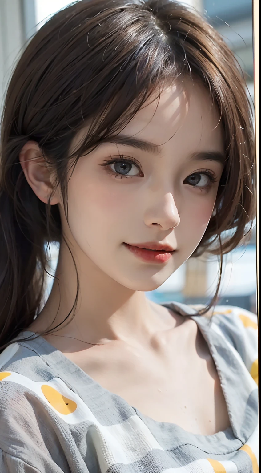 ((Beauty like a model)), Japan Girl,1 persons,masterpiece, The highest image quality, ultra-detailliert, (perfectbody:1.2), ((Perfect face+Brown hair)), Close up of, short wavy hair,Viewer's Perspective, detailed hairs、Detailed eyes(realisticeyes),profetional lighting,medium breasts brown eyes),slenderbody, Lady,About 28 years old,glamor,kindly smile,Half Girl,Lashes,二重まぶた,Tank Tops,Raw photo,glamorのある唇,Lovely smile,she crumpled her face and smiled,Navel Fashion,abdominals,Constriction,Beautiful back,