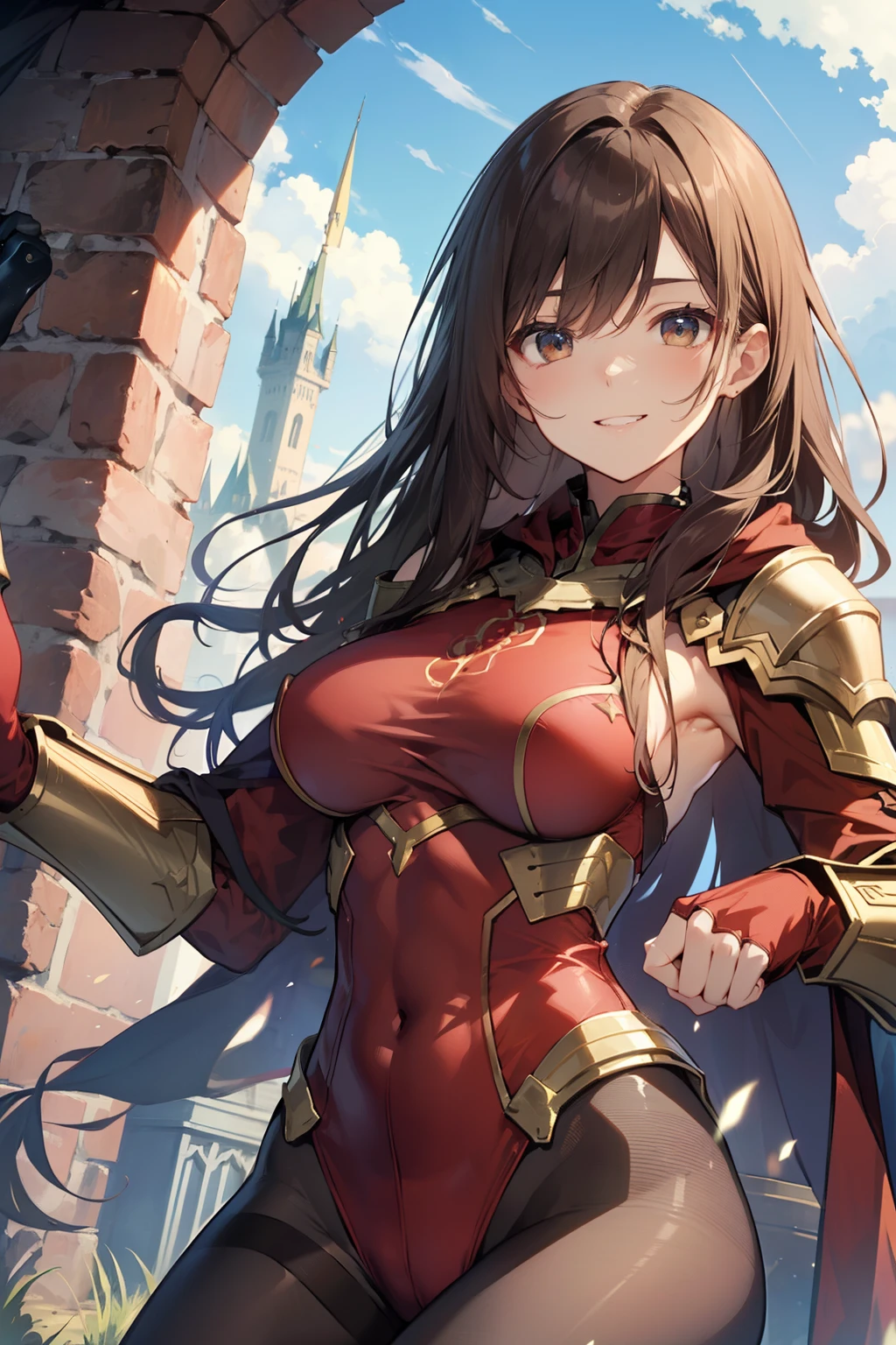 top-quality、Full limbs、complete fingers、Slender beauty、straight haired、Brown hair、(Red High Neck Long Sleeve Leotard:1.3)、(Brown pantyhose:1.3)、red cloak、Western armor、Iron breastplate、Iron shoulder rest、Iron Gauntlet、Iron shin pad、Beautiful Large Breasts、in a castle、A big smile、is standing、sexypose