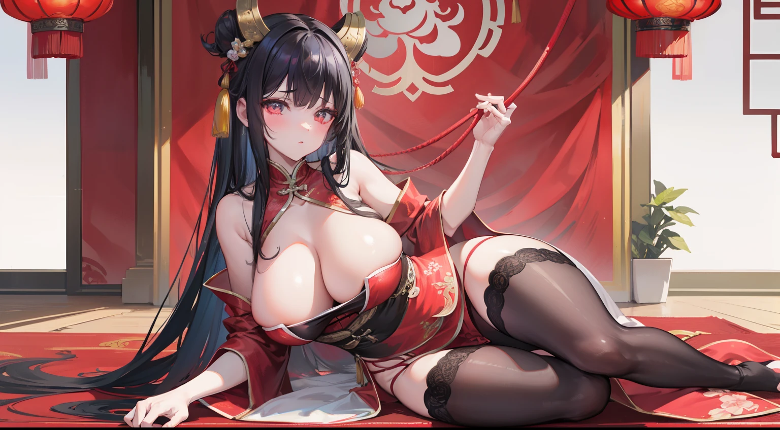 In front of the huge Chinese Taoist temple,Seductive woman in gossip robes,big breasts exposed cleavage,Tights,black lence stockings,Seductive expressions,Bunched hair,Rope decoration,Full body detail 4K,Dreamlike,and its detailed full-body detail 4K