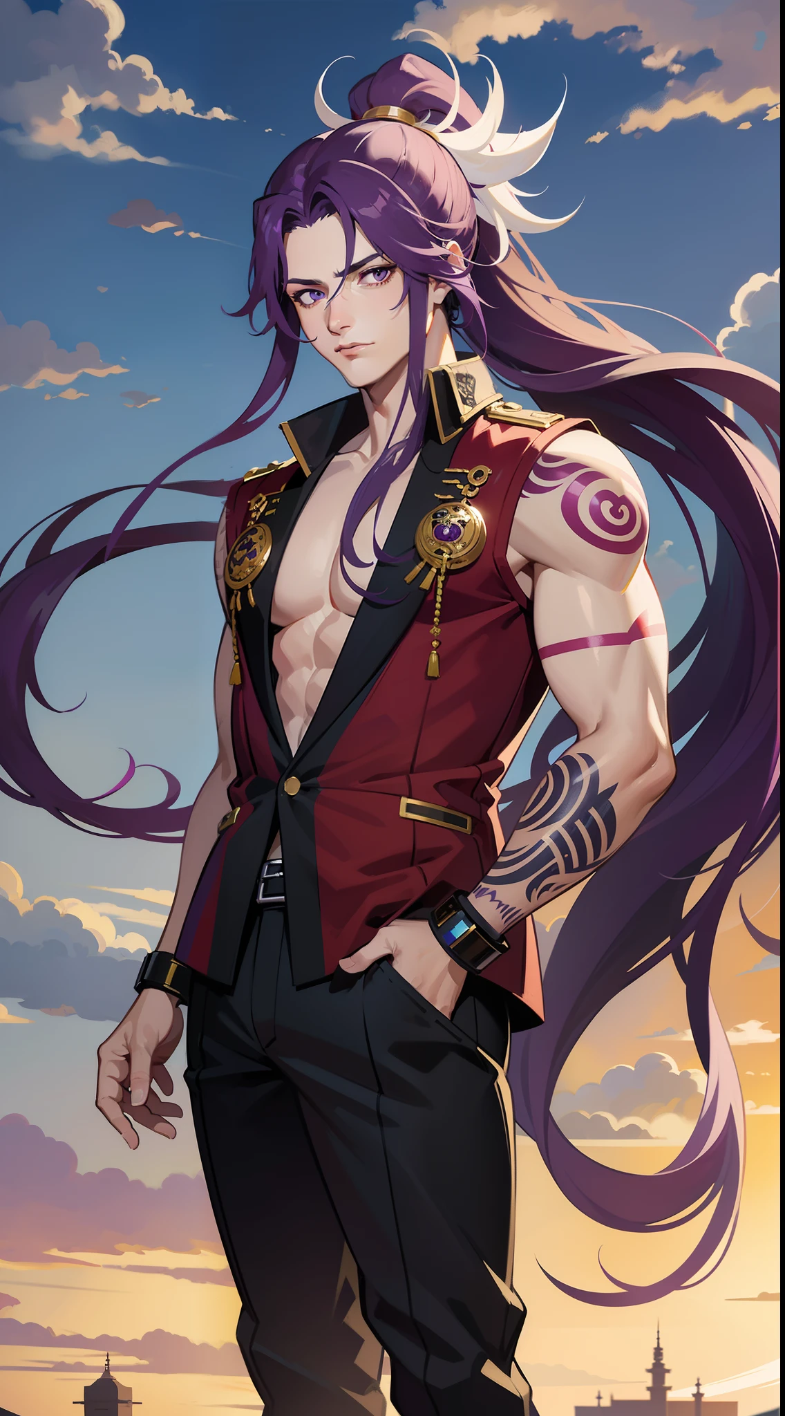 Grown-up guy, long purple hair, Part of the hair is gathered in a high ponytail, Heterochromia, The left eye is purple, Red right eye, The Monkey King's Armor, open torso, lots of tattoos, clouds beneath your feet, Masterpiece, hiquality, 4k, HD, Good detail