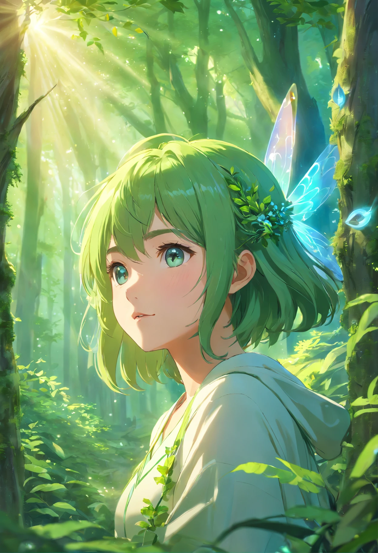 (best quality,4k,8k,highres,masterpiece:1.2),ultra-detailed,(realistic,photorealistic,photo-realistic:1.37),forest,captivating female Dryad creature,enchanted ethereal landscape,lush vegetation,majestic ancient trees,magical sunlight streaming through the branches,soft glowing moss covering the ground,faint transparent wings,delicate flowers blooming around her,fascinating eyes that emit a gentle glow,serene expression,graceful pose,artistic interpretation,subtle color palette,mystical atmosphere,playful and whimsical elements,mesmerizing presence,harmonious blending of the Dryad with her surroundings,immersive fantasy feeling,natural and realistic lighting