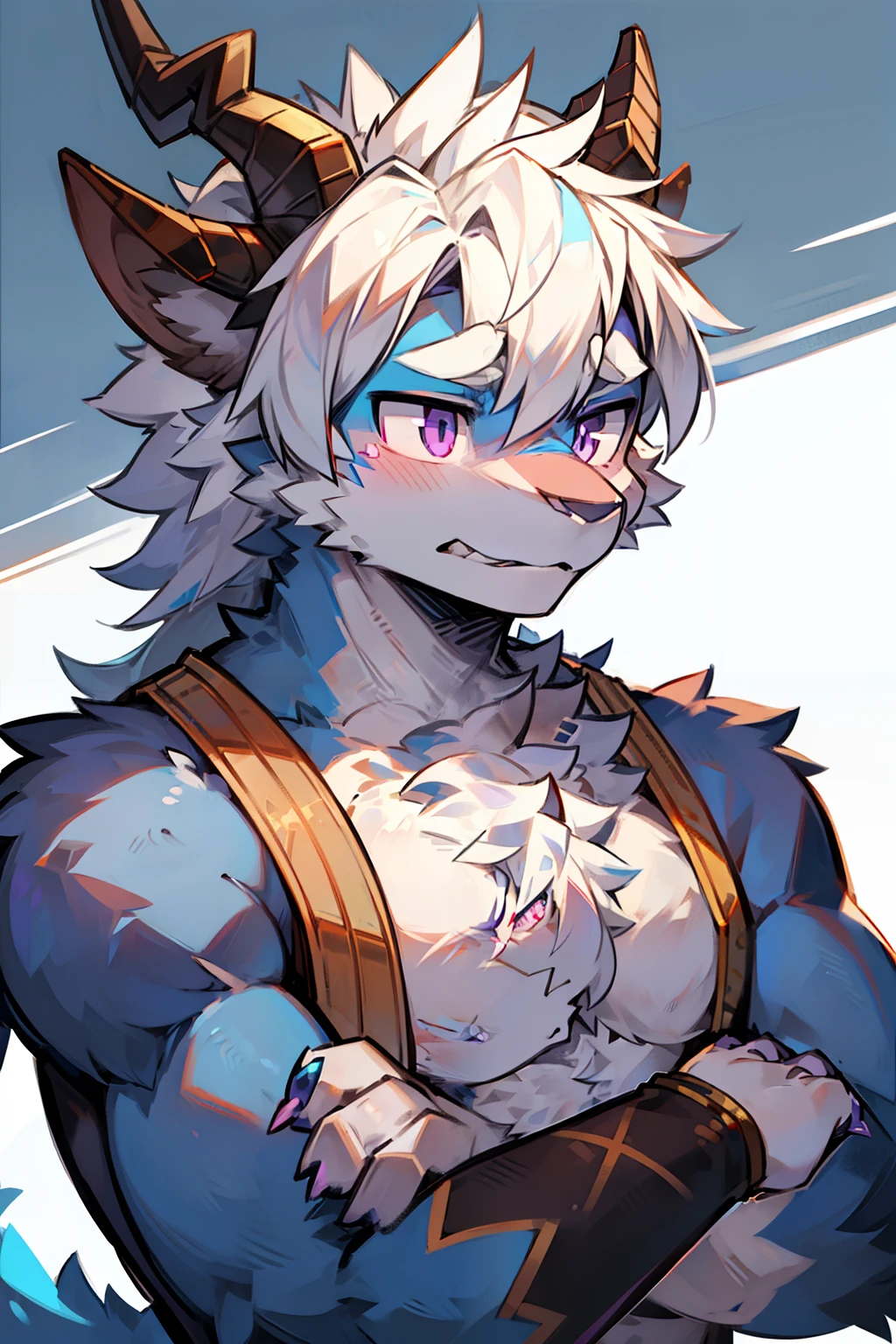 solo person，shaggy male，hairy chest，a Oriental Dragons，Oriental Dragons，Dragon's horn，Blue fur，long  white hair，Purple eye，White pupils，cross-shaped pupils，Bullied，full bodyesbian，mages，Handsome，The expression was serious，apathy，Contempt for everything