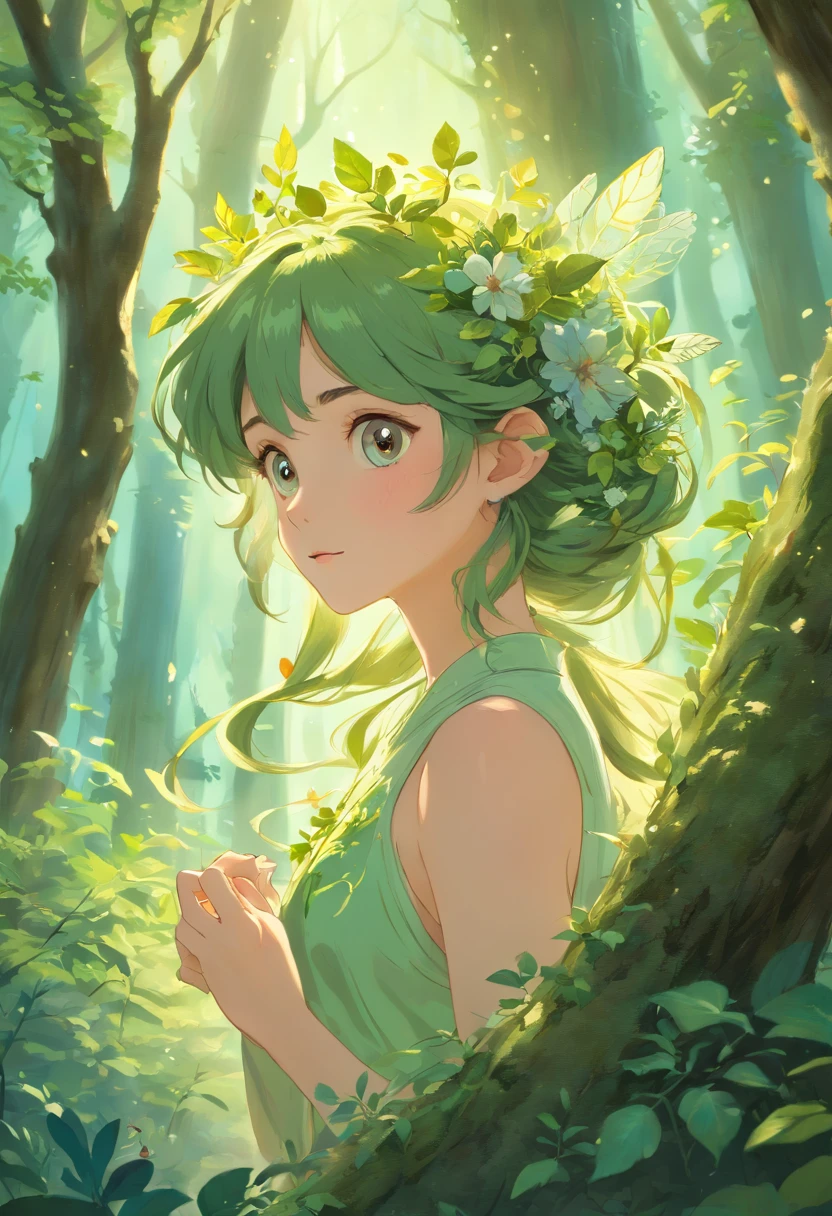 (best quality,4k,8k,highres,masterpiece:1.2),ultra-detailed,(realistic,photorealistic,photo-realistic:1.37),forest,captivating female Dryad creature,enchanted ethereal landscape,lush vegetation,majestic ancient trees,magical sunlight streaming through the branches,soft glowing moss covering the ground,faint transparent wings,delicate flowers blooming around her,fascinating eyes that emit a gentle glow,serene expression,graceful pose,artistic interpretation,subtle color palette,mystical atmosphere,playful and whimsical elements,mesmerizing presence,harmonious blending of the Dryad with her surroundings,immersive fantasy feeling,natural and realistic lighting