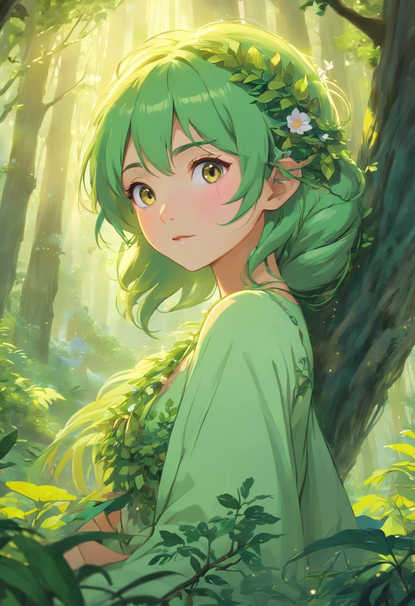 (best quality,4k,8k,highres,masterpiece:1.2),ultra-detailed,(realistic,photorealistic,photo-realistic:1.37),forest,captivating female Dryad creature,enchanted ethereal landscape,lush vegetation,majestic ancient trees,magical sunlight streaming through the branches,soft glowing moss covering the ground,faint transparent wings,delicate flowers blooming around her,fascinating eyes that emit a gentle glow,serene expression,graceful pose,artistic interpretation,subtle color palette,mystical atmosphere,playful and whimsical elements,mesmerizing presence,harmonious blending of the Dryad with her surroundings,immersive fantasy feeling,natural and realistic lighting