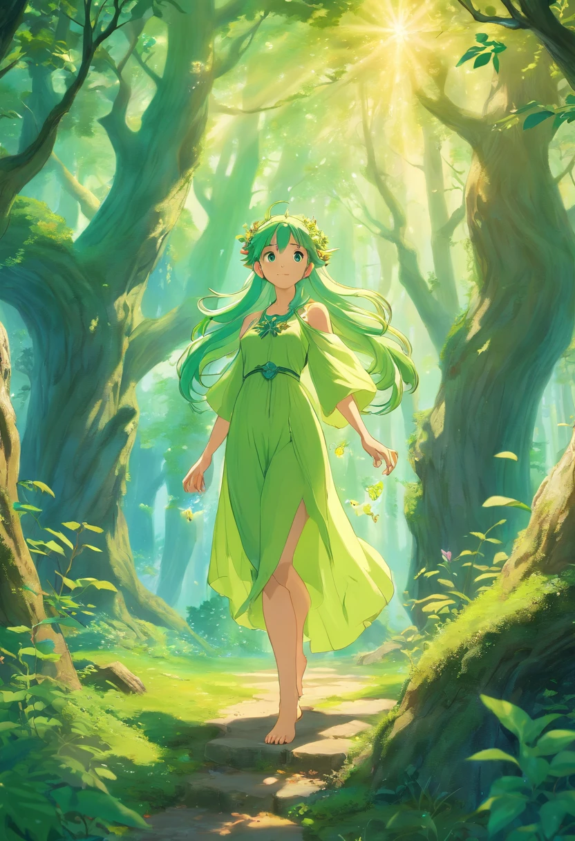 (best quality,4k,8k,highres,masterpiece:1.2),ultra-detailed,(realistic,photorealistic,photo-realistic:1.37),forest,captivating female Dryad creature,enchanted ethereal landscape,lush vegetation,majestic ancient trees,magical sunlight streaming through the branches,soft glowing moss covering the ground,faint transparent wings,delicate flowers blooming around her,fascinating eyes that emit a gentle glow,serene expression,graceful pose,artistic interpretation,subtle color palette,mystical atmosphere,playful and whimsical elements,mesmerizing presence,harmonious blending of the Dryad with her surroundings,immersive fantasy feeling,natural and realistic lighting