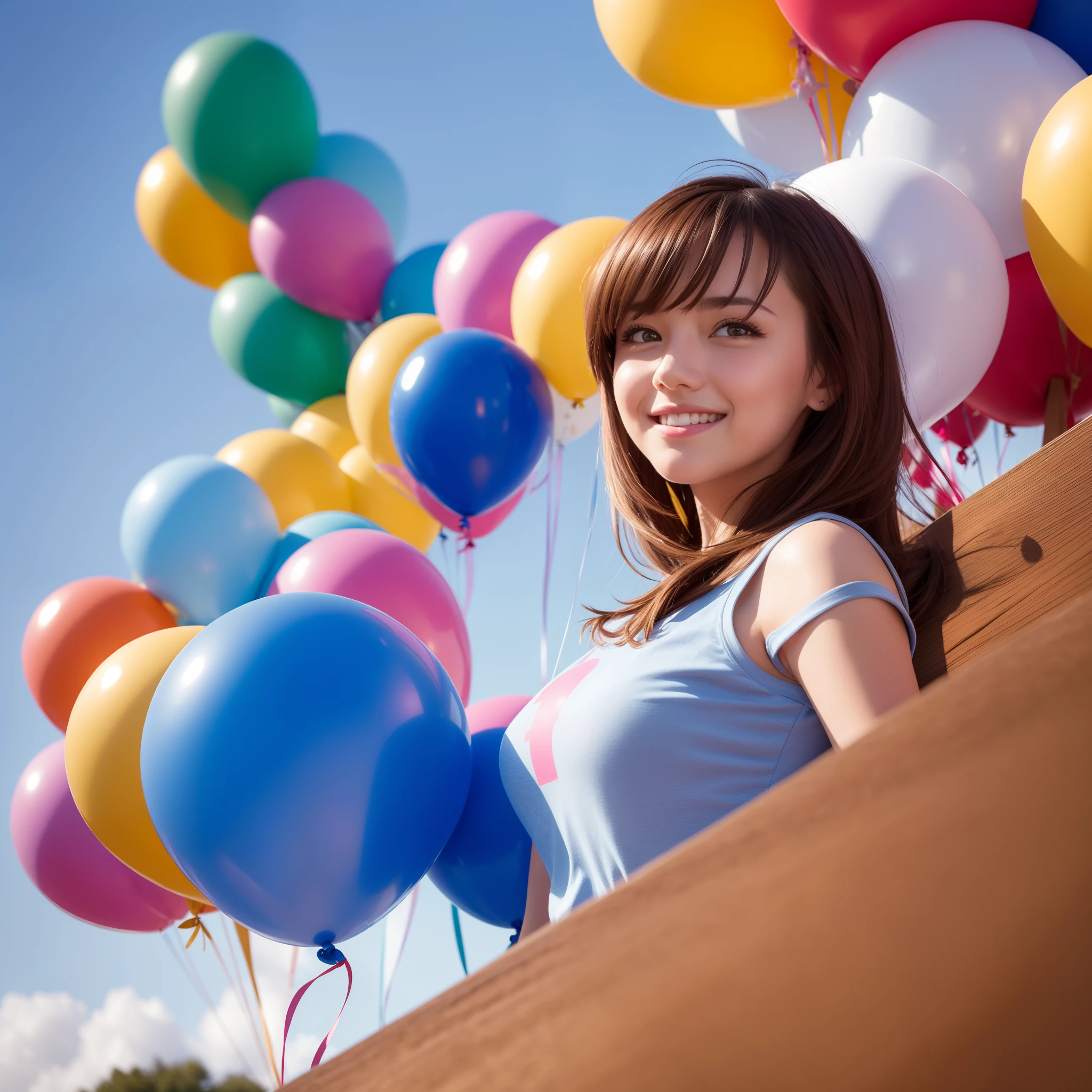 masterpiece, super detail, high quality, award winning, 8k, balloons, various colors, girl, solo, brown hair, medium hair, bangs, smile, closed mouth, bright colored casual fashion, anatomically correct, blue sky background, cinematic lighting