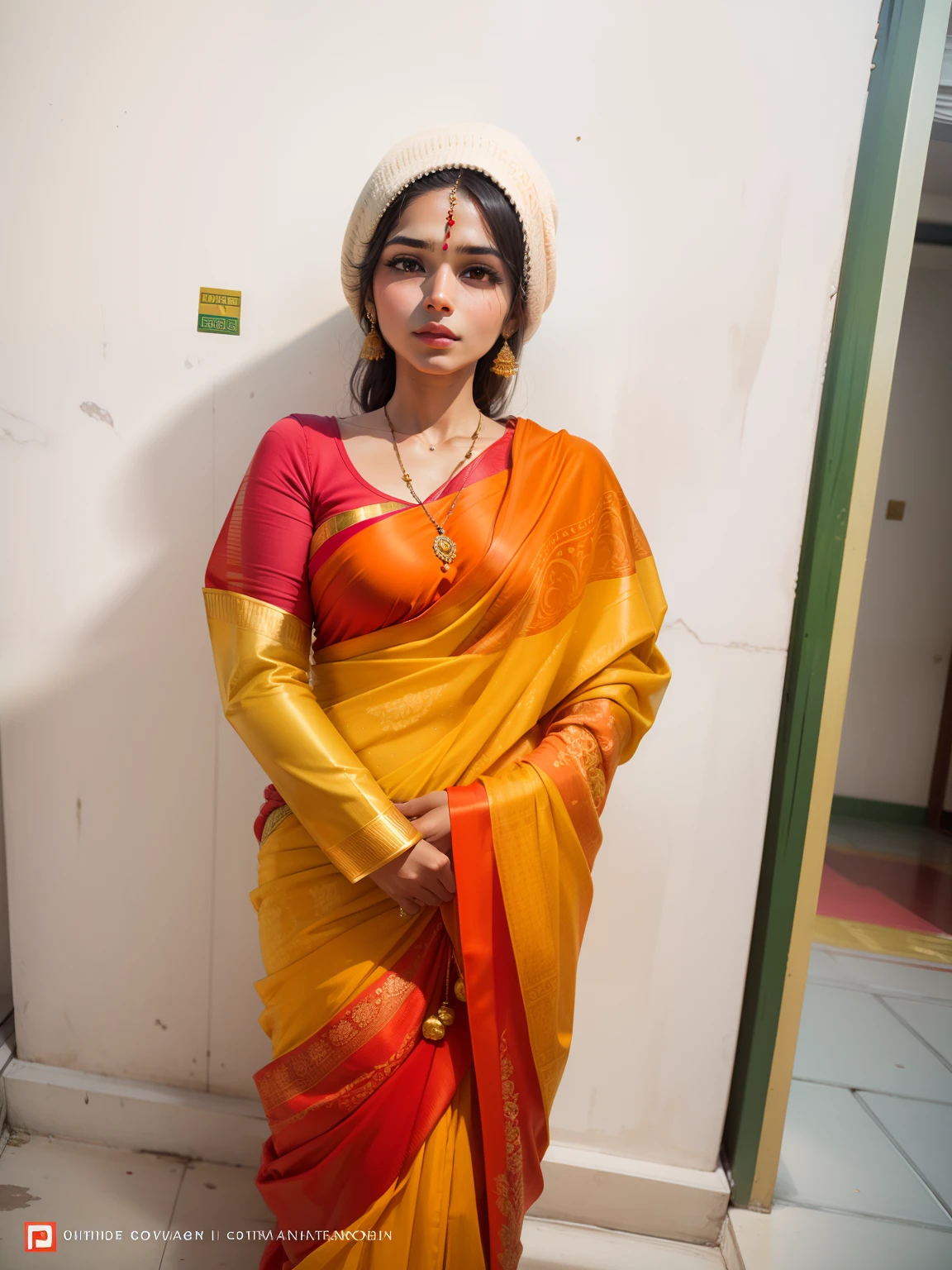 Change background a beautiful woman wearing saree in the Hindu temple