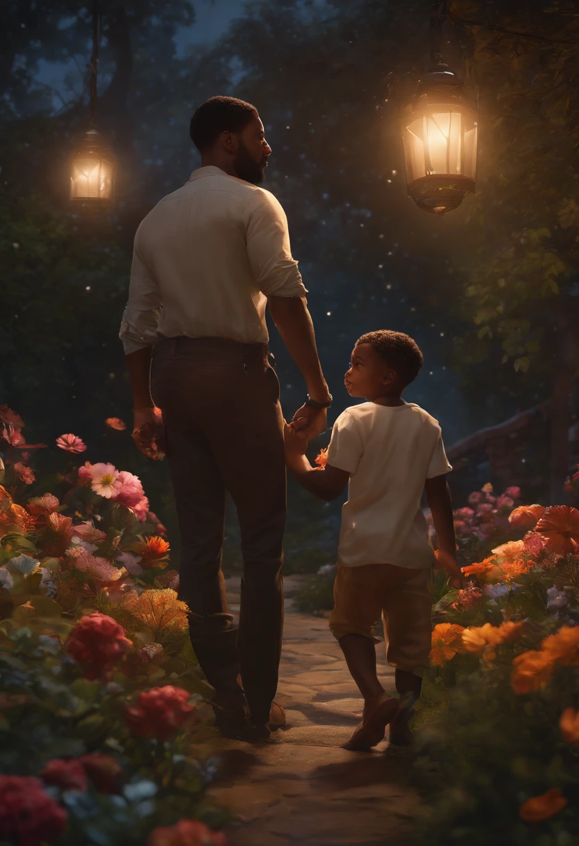 FATHER AND 5 YEAR OLD SON PLAYING, NIGHTTIME, FLOWERS, NATURE, MOONLIGHT, 8K, resolution concept art portrait by Greg Rutkowski, Artgerm, WLOP, Alphonse Mucha dynamic lighting hyperdetailed intricately detailed Splash art trending on Artstation triadic colors Unreal Engine 5 volumetric lighting", K, BLACK AFRICANN