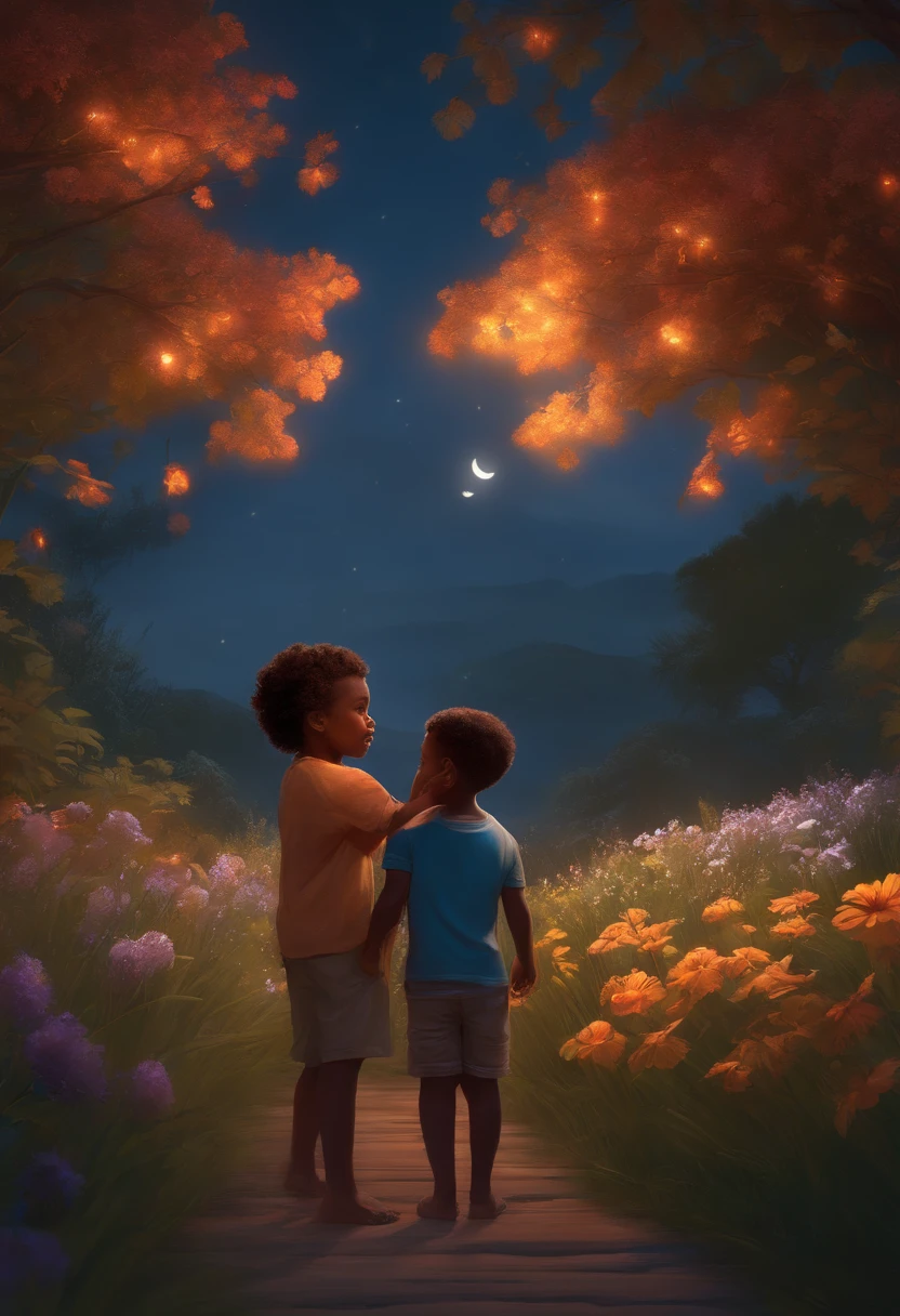 FATHER AND 5 YEAR OLD SON PLAYING, NIGHTTIME, FLOWERS, NATURE, MOONLIGHT, 8K, resolution concept art portrait by Greg Rutkowski, Artgerm, WLOP, Alphonse Mucha dynamic lighting hyperdetailed intricately detailed Splash art trending on Artstation triadic colors Unreal Engine 5 volumetric lighting", K, BLACK AFRICANN