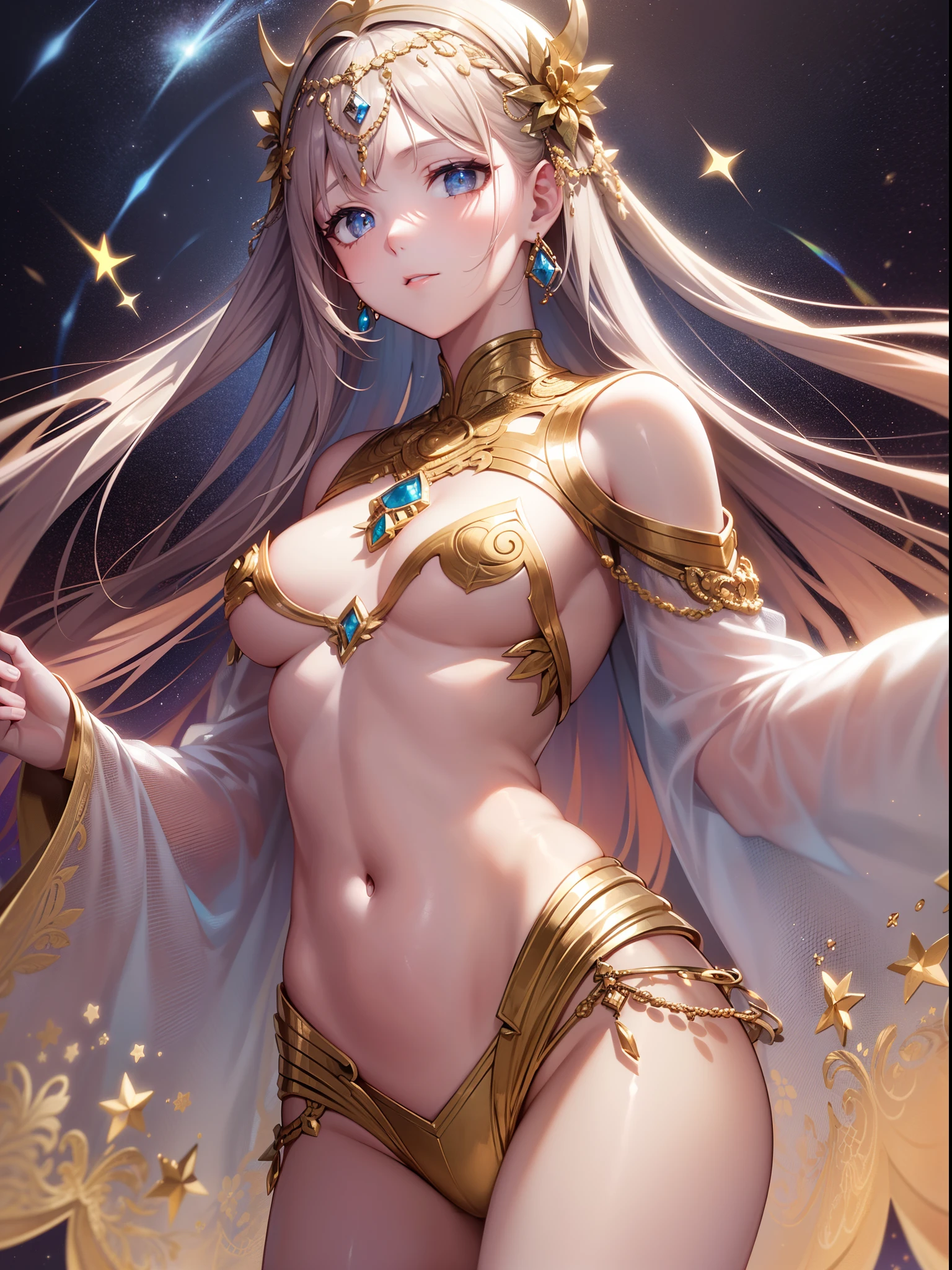((Top Quality)), ((masterece-piece)), (ultra detaild:1.4),(32k images),(ultra-high detailed),Best Anime,sharpness,The best wallpapers,Phenomenal depiction,the golden ratio, Wind manipulation:1.5,Manipulation of light,(Perfect anatomy without destruction),(Beautiful eyes with detailed and detailed details,Lustrous eyes),(Lustrous hair:1.1,),(Beautiful face with dense and detailed details),(Beautiful skin with dense and detailed details),(deadpan:1.2),Slim body,slim belly,((small tits:1.5)), thin-waist,Belly Navel,goddesses,(Beautiful sparkling white clothes with dense and detailed,Beautiful decoration with dense and detailed details,gemstone),fullmoon:1.1, Backgrounds with depth:1.3,hair ornament,Starry sky