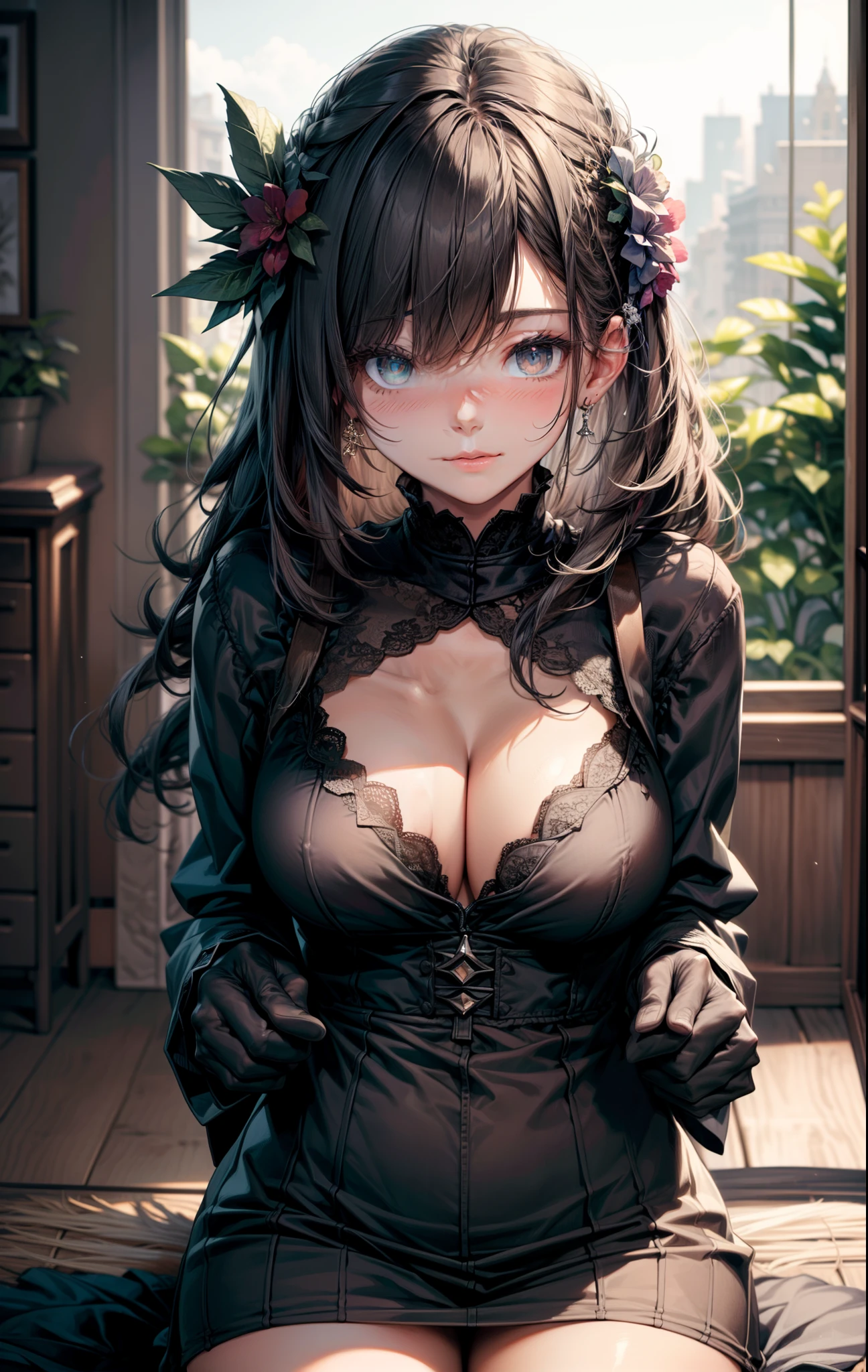 (masterpiece:1.2, best quality:1.2, beautiful, high quality, highres:1.1, aesthetic), detailed, extremely detailed, ambient soft lighting, 4K, perfect lighting, perfect face, perfect eyes, paizuri_keyword, 1boy, 1girl, @_@, ahoge, alternate breast size, bangs, black hair, blush, breasts, breasts squeezed together, closed mouth, clothed female