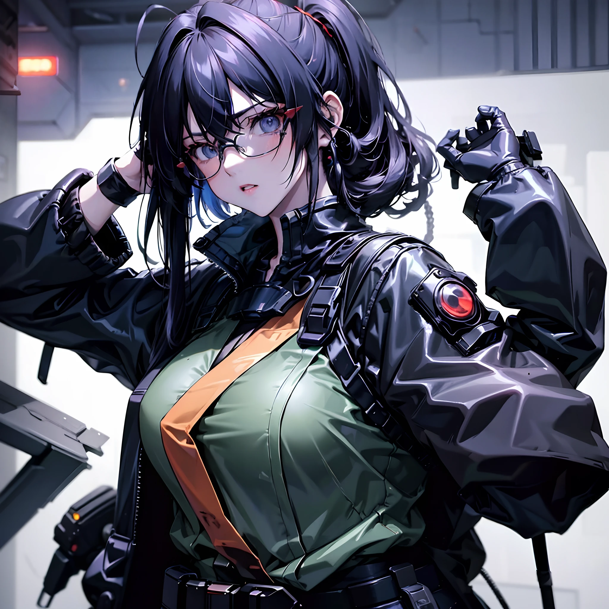 an older anime girl with longblack hair wearing dark green and dark orange full covering military uniform also wearing military hat and aviator glasses, badass anime 8 k, female dark sci fi anime girl, digital cyberpunk anime art, cyberpunk anime girl, anime cyberpunk art, cyberpunk anime girl mech, modern cyberpunk anime, cyberpunk anime art, digital cyberpunk - anime art, anime cyberpunk, cyberpunk angry gorgeous goddess, portrait, inside a dark space bar